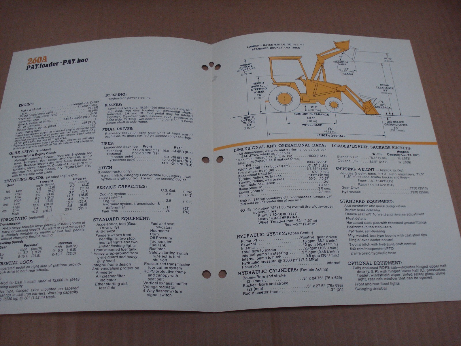 International 260A Pay loader Pay hoe Specifications Brochure