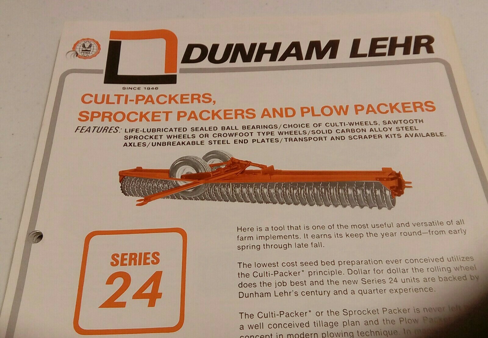 VINTAGE 1974 DUNHAM LEHR CULTI SPROCKET PLOW PACKERS FARM TRACTOR SALES BROCHURE