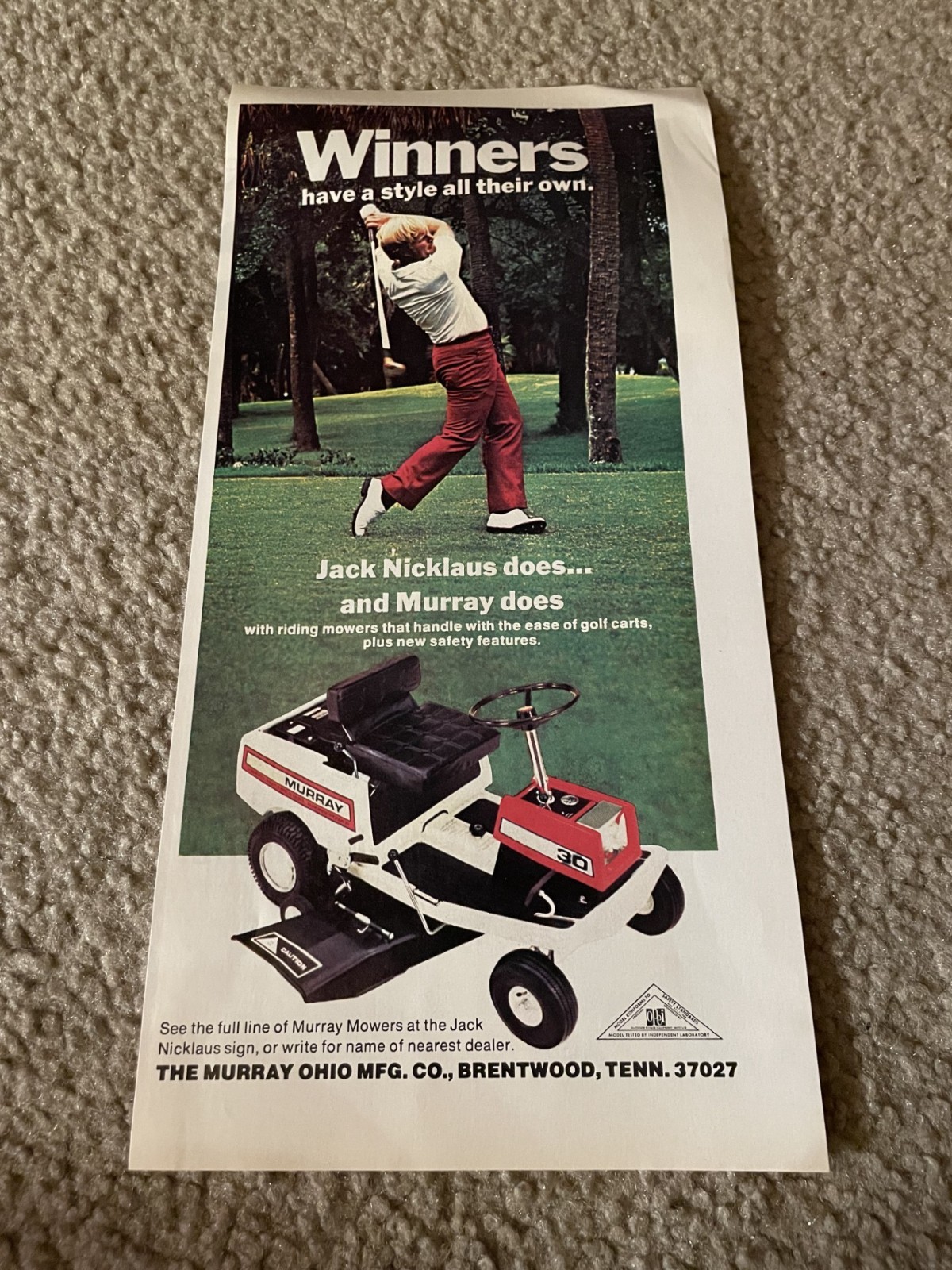 Vintage 1973 MURRAY LAWN RIDING MOWER 30 PRINT AD JACK NICKLAUS GOLF