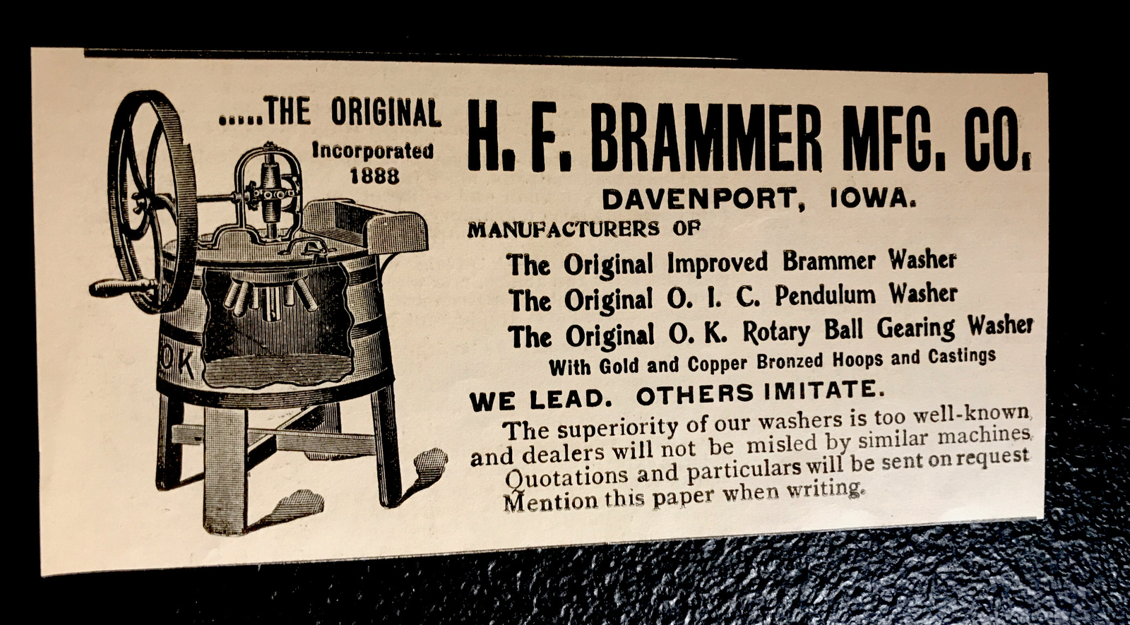 1902 H.F. Brammer Washer Farm Advertising – Davenport- Iowa