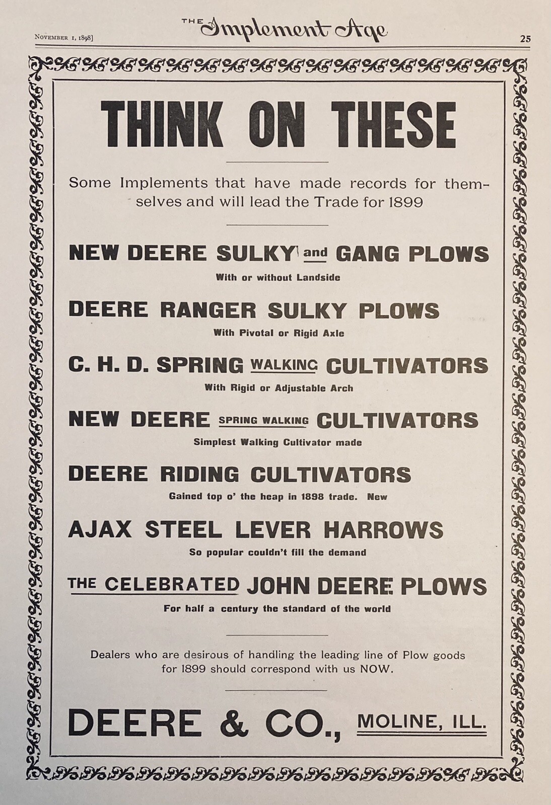 1898 AD.(XH25)~DEERE & CO. MOLINE, ILL. NEW SULKY AND GANG PLOWS, CULTIVATORS