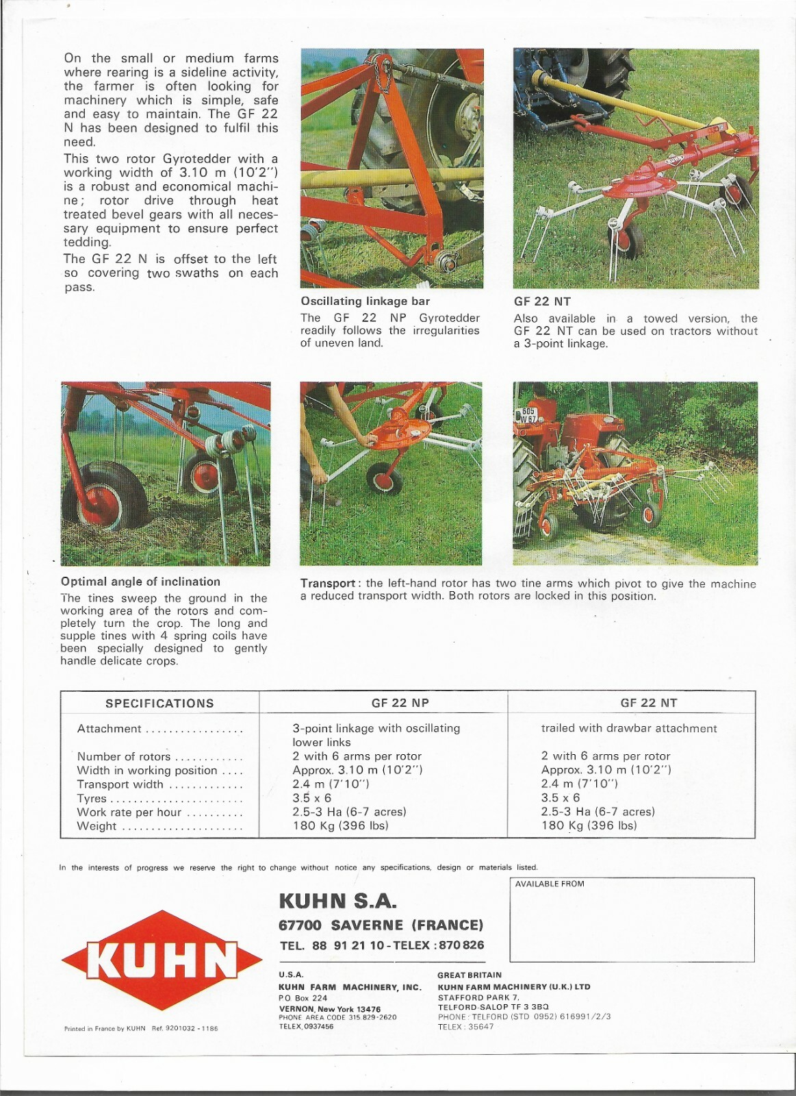 Original OEM Kuhn Model GF22N Gyrotedder Sales Brochure Form Number 9201032-1186