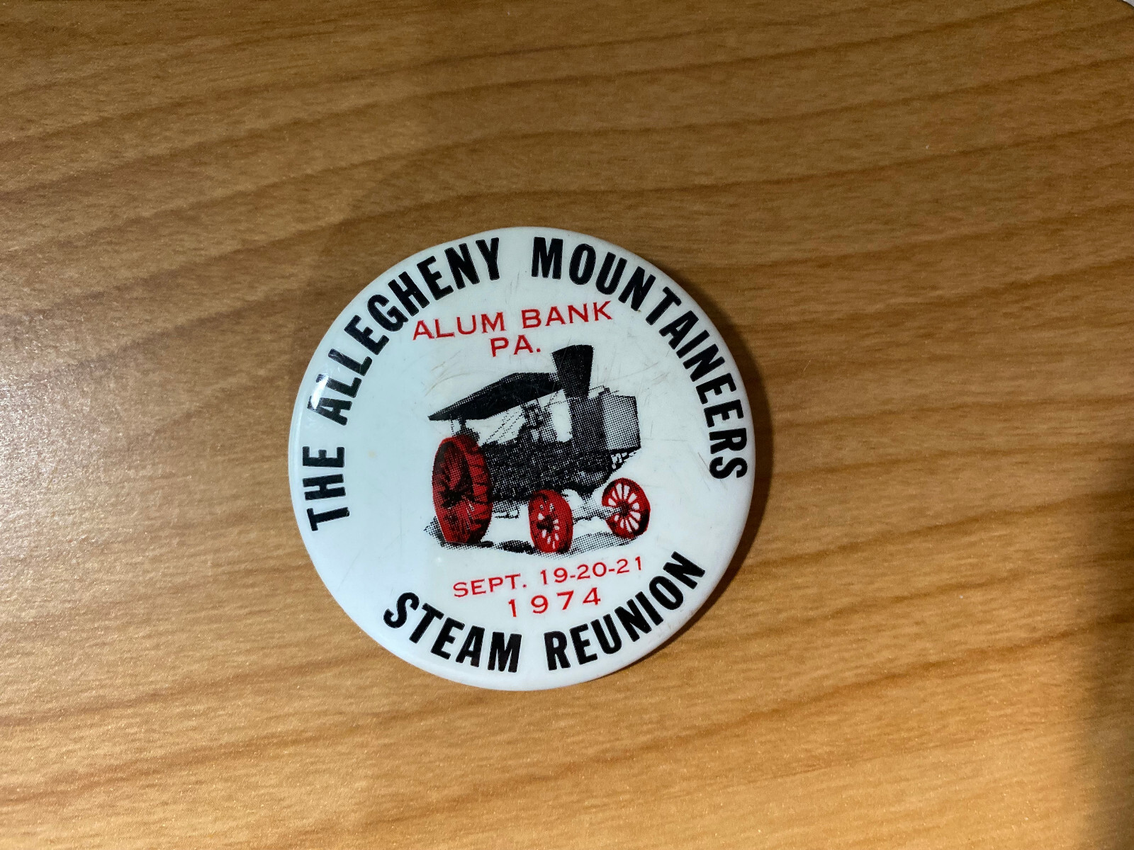 Vintage ALLEGHENY MOUNTAINEERS STEAM REUNION Pin 1974 ALUM BANK PA Engine Show