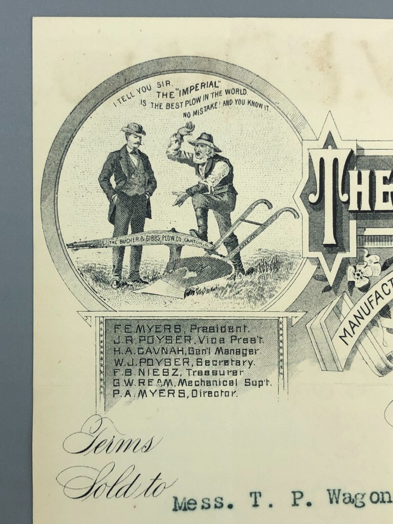 1895 Bucher & Gibbs PLOW Bill Antique Farm Advertising CANTON OH Worlds Fair