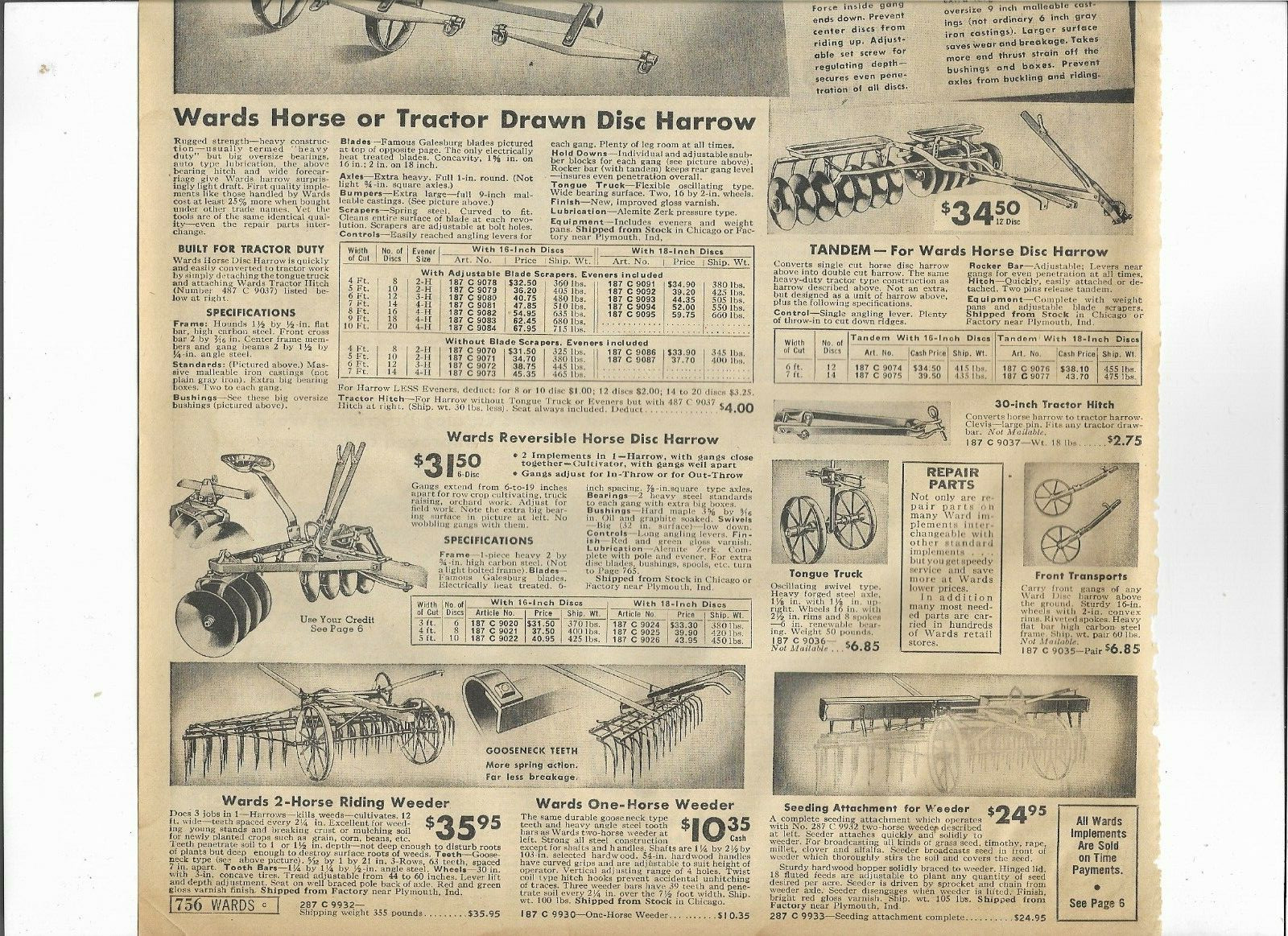 1938 Wards Catalog Ad Page Farm Tractor 3 & 5 H.P. Engine Plow Mower Disc Ford