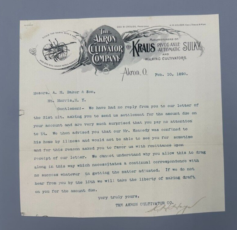 1899 AKRON CULTIVATOR Kraus Sulky OHIO Farm Advertising Antique Letter