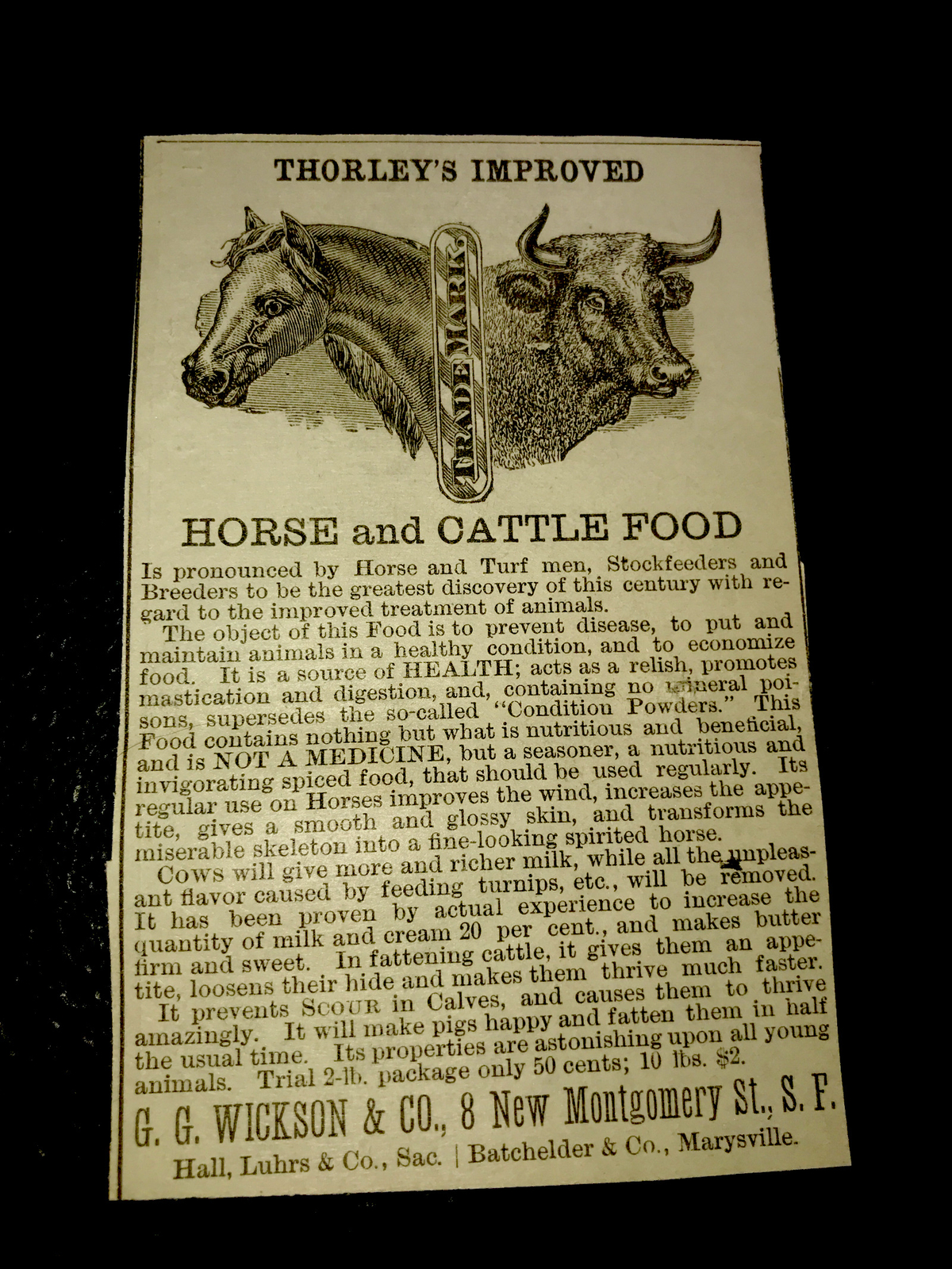 1883 Thorley’s Horse & Cattle Feed Farm Advertising – San Francisco – California