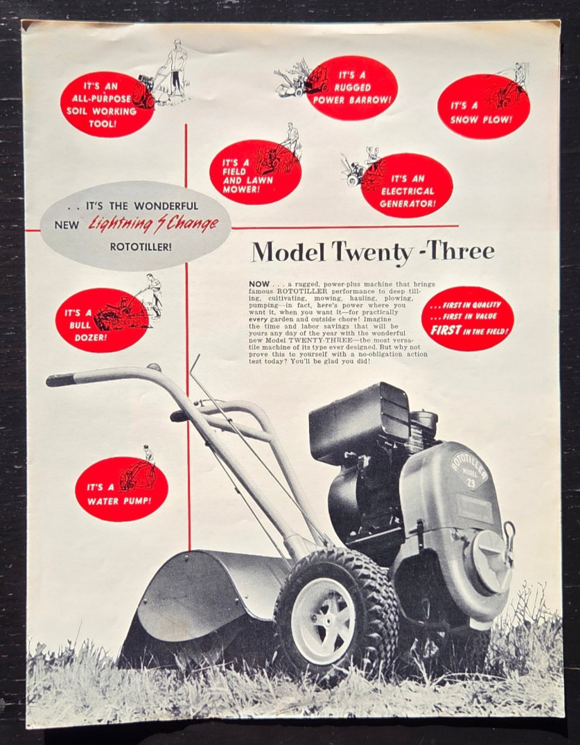1950&rsquo;s ROTOTILLER MODEL 23 ROTARY TILLER 7 POWER TOOLS BROCHURE TROY NEW YORK