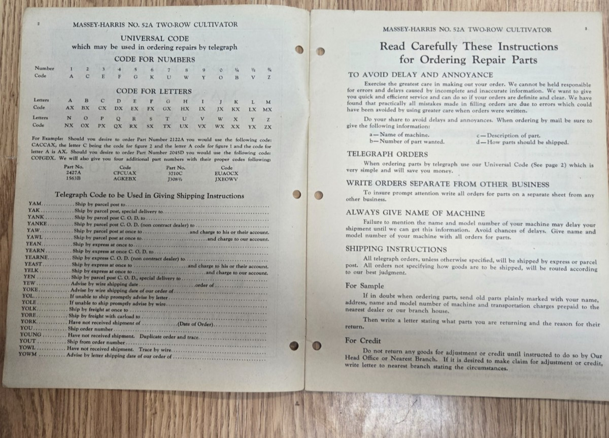 1946 Massey-Harris No. 52A 2 Row Cultivator For Tractors Repair Parts List