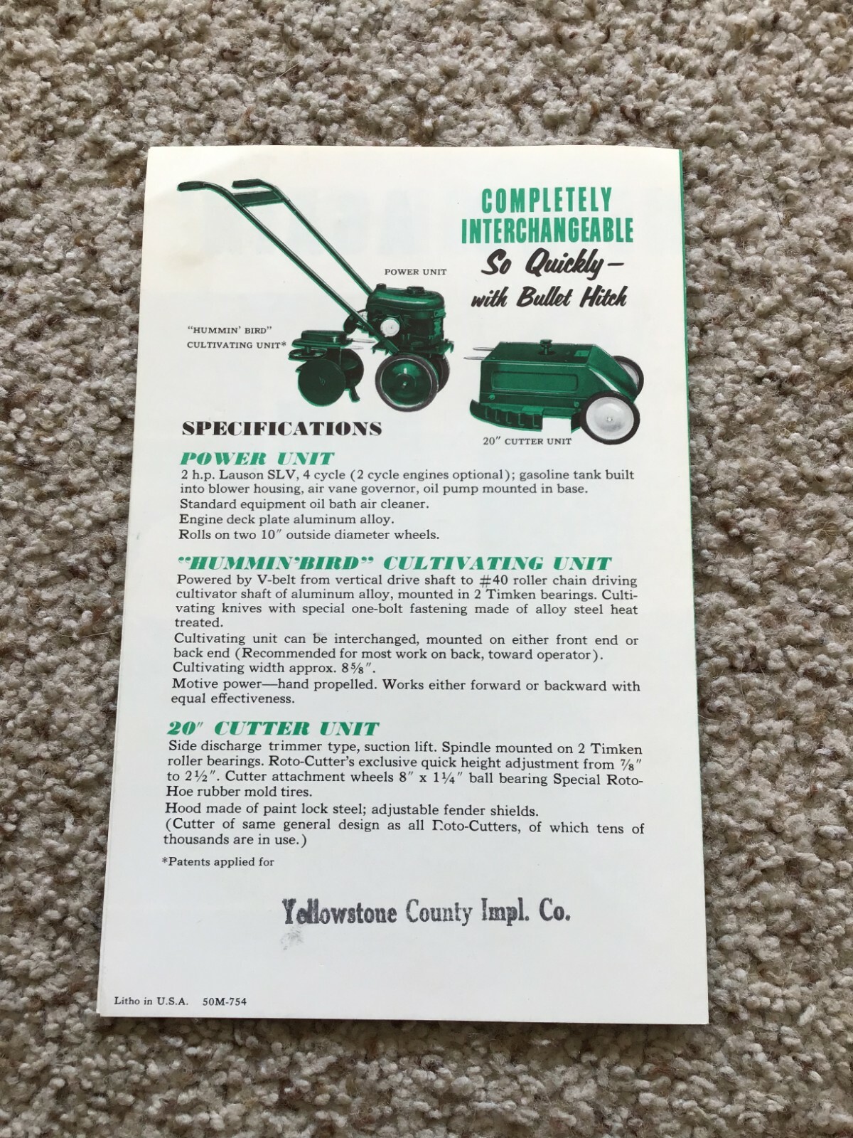 1955 Roto-Hoe Garden tools new Hummin bird, sales literature.