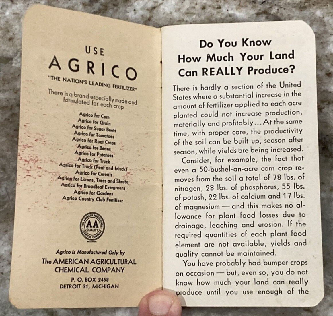 AGRICO Fertilizer Memo Booklet 1947 Agriculture Advertisement Memo Book A992