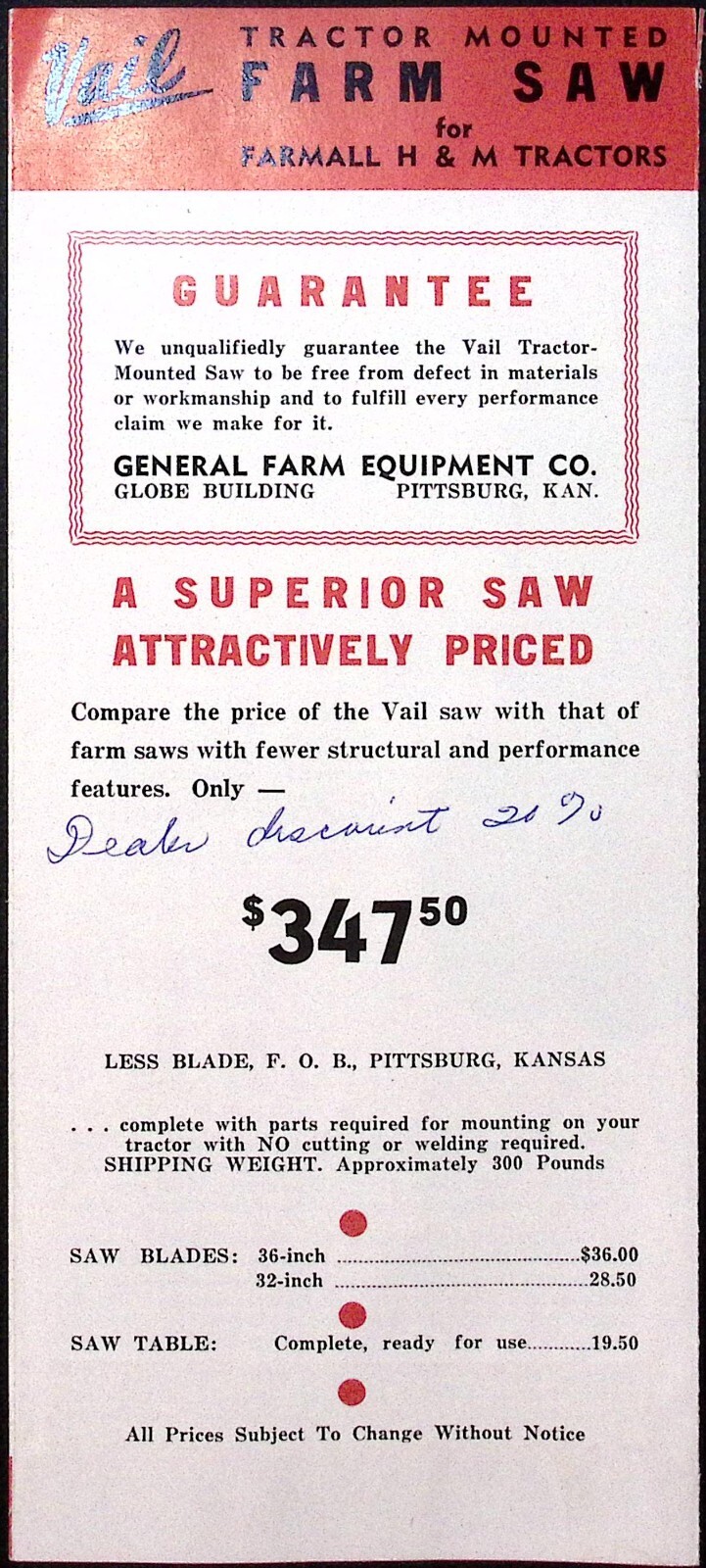 1953 Vail Tractor Mounted Farm Saw for Farmall H&M Tractors Dealer Brochure