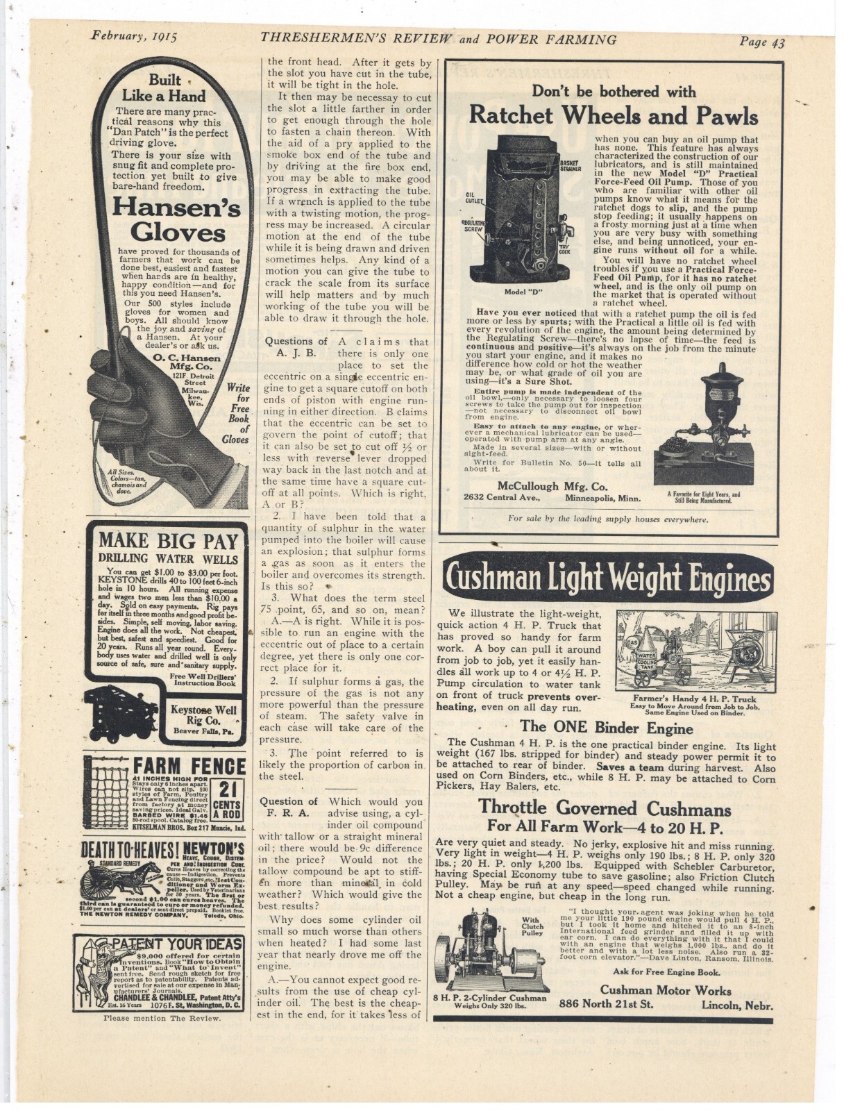 1915 Ads, F&B of PG: Dauch Mfg. Sandusky Tractor & Cushman 4hp Engine