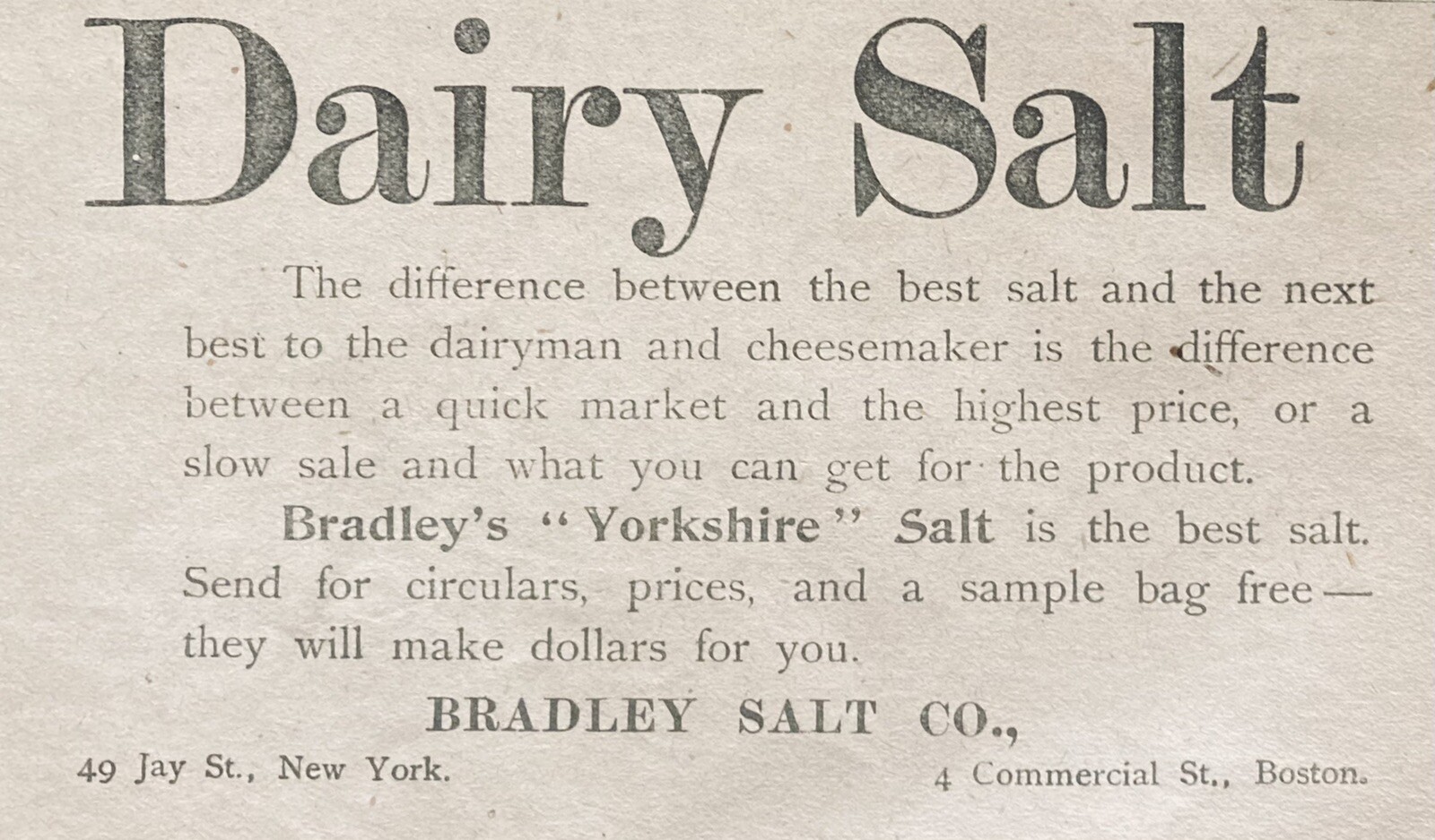 1896 AD.(XH44)~BRADLEY SALT CO. BOSTON. “YORKSHIRE” DAIRY SALT