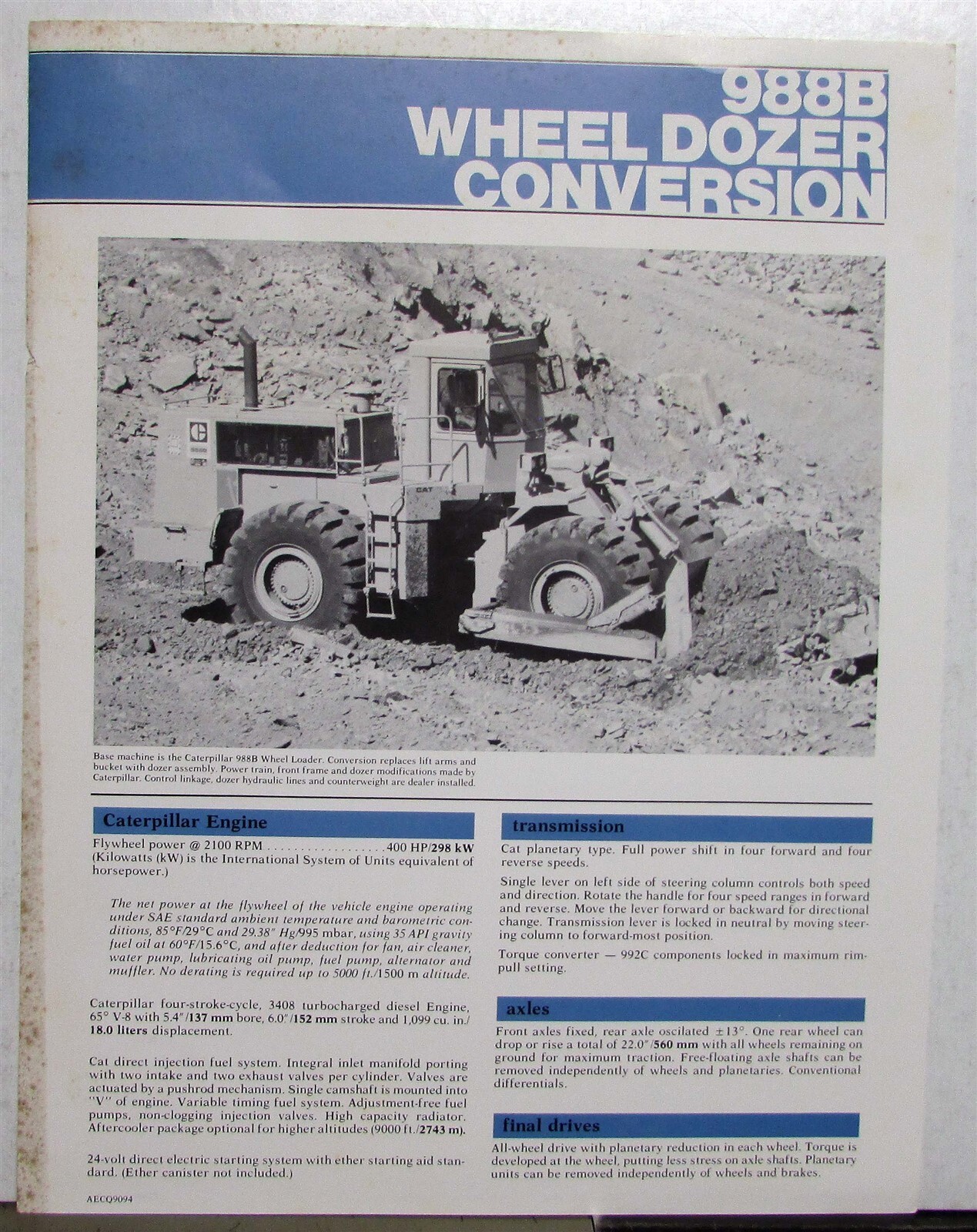 1981 Caterpillar 988B Wheel Dozer Conversion Construction Sales Data Sheet