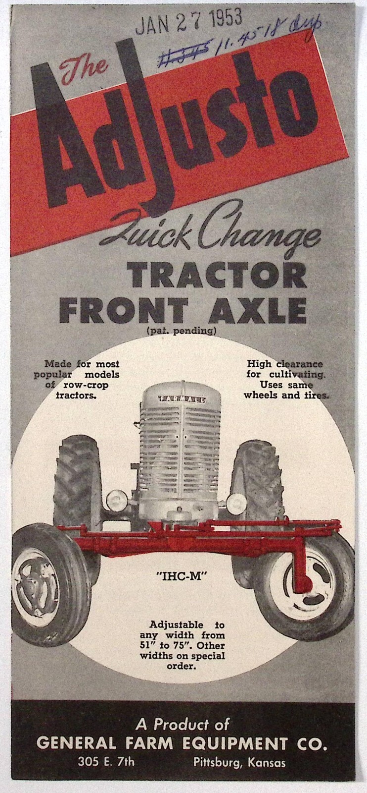 1953 Adjusto Quick Change Tractor Front Axle General Farm Equipment Co Brochure