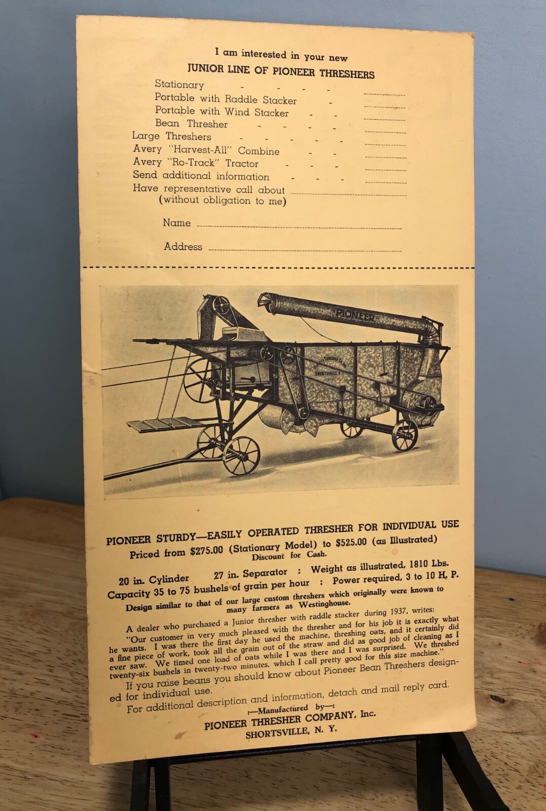 1938-45 Unused PIONEER THRESHER CO INC. Shortsville N.Y. ADVERTISING POST CARD