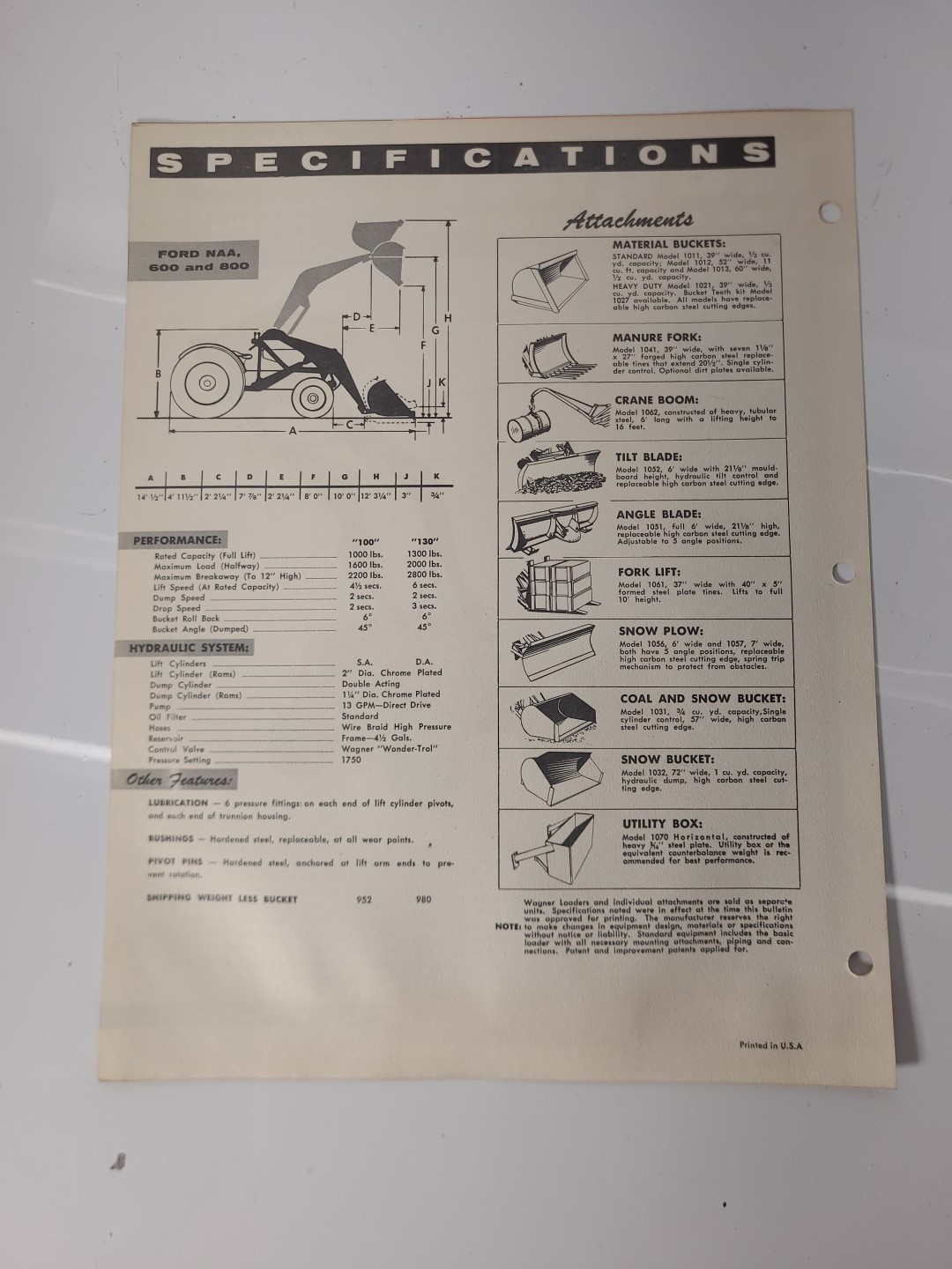 Wagner Model 100 130 Loader For Ford NAA 600 800 Tractor Brochure