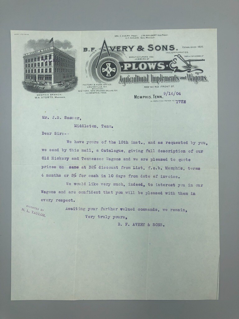 1904 B F AVERY PLOWS Letter FARM WAGONS Advertising MEMPHIS TN Antique