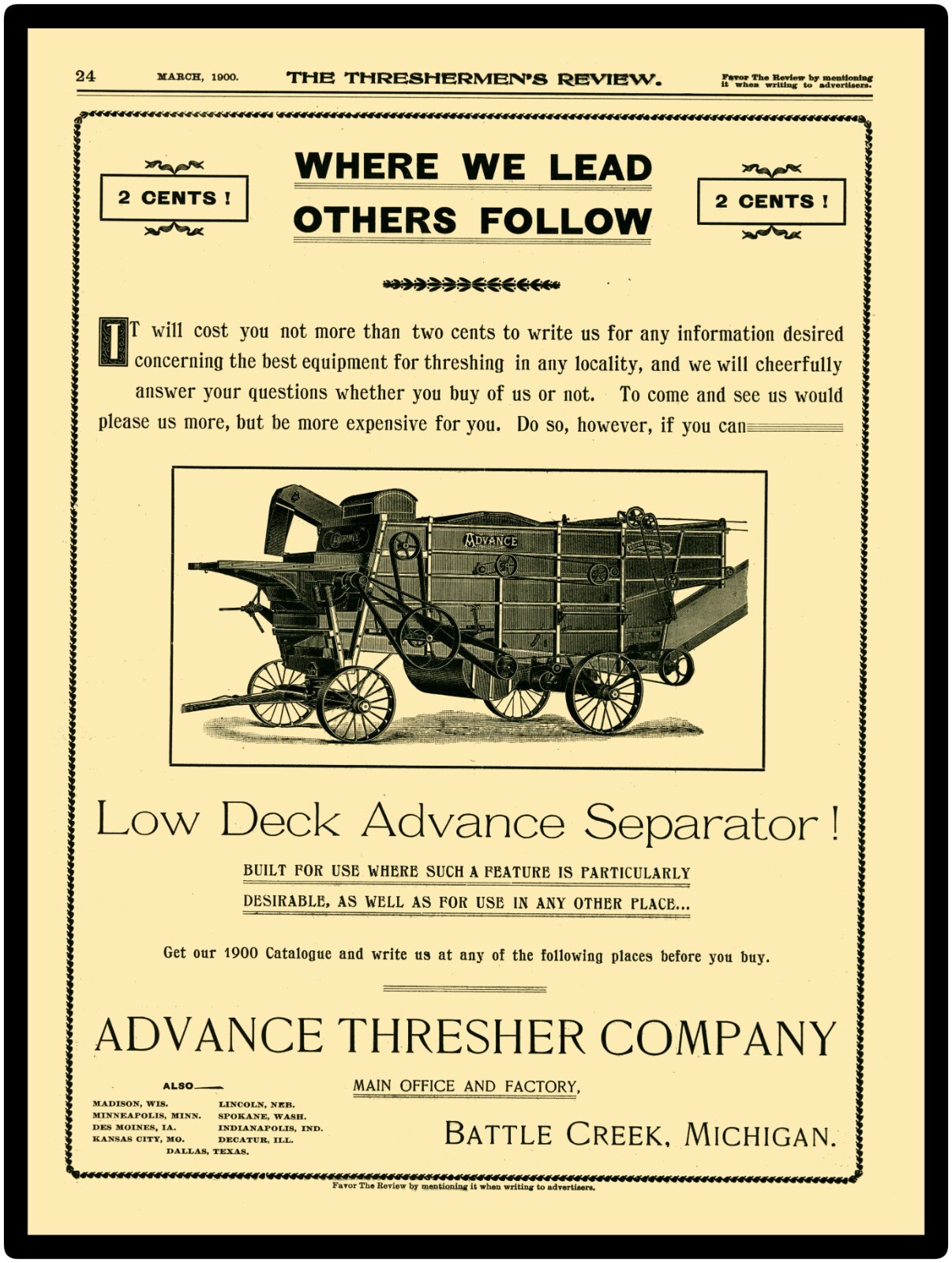 Advance Thresher Co. of Battle Creek, Michigan NEW Sign 24×30&Prime; USA STEEL XL Size