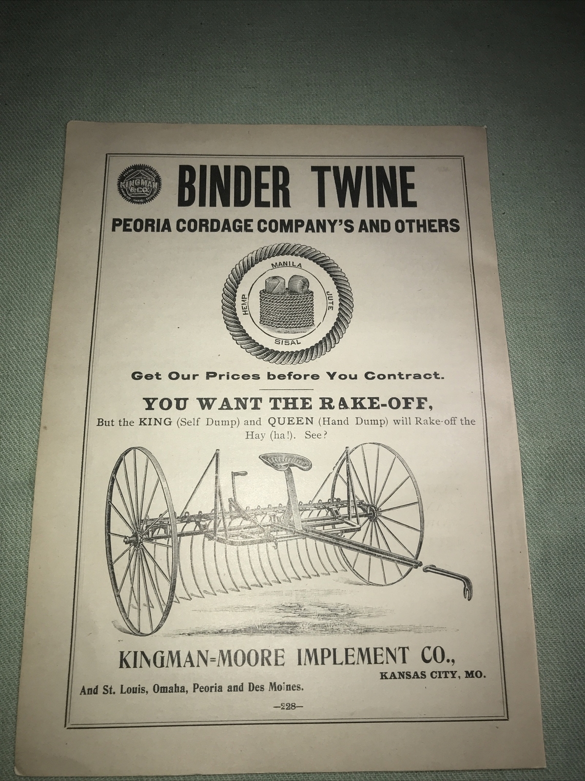 1898 Kingman Binder Twine & Rake Farm Advertising – Kansas City – Missouri