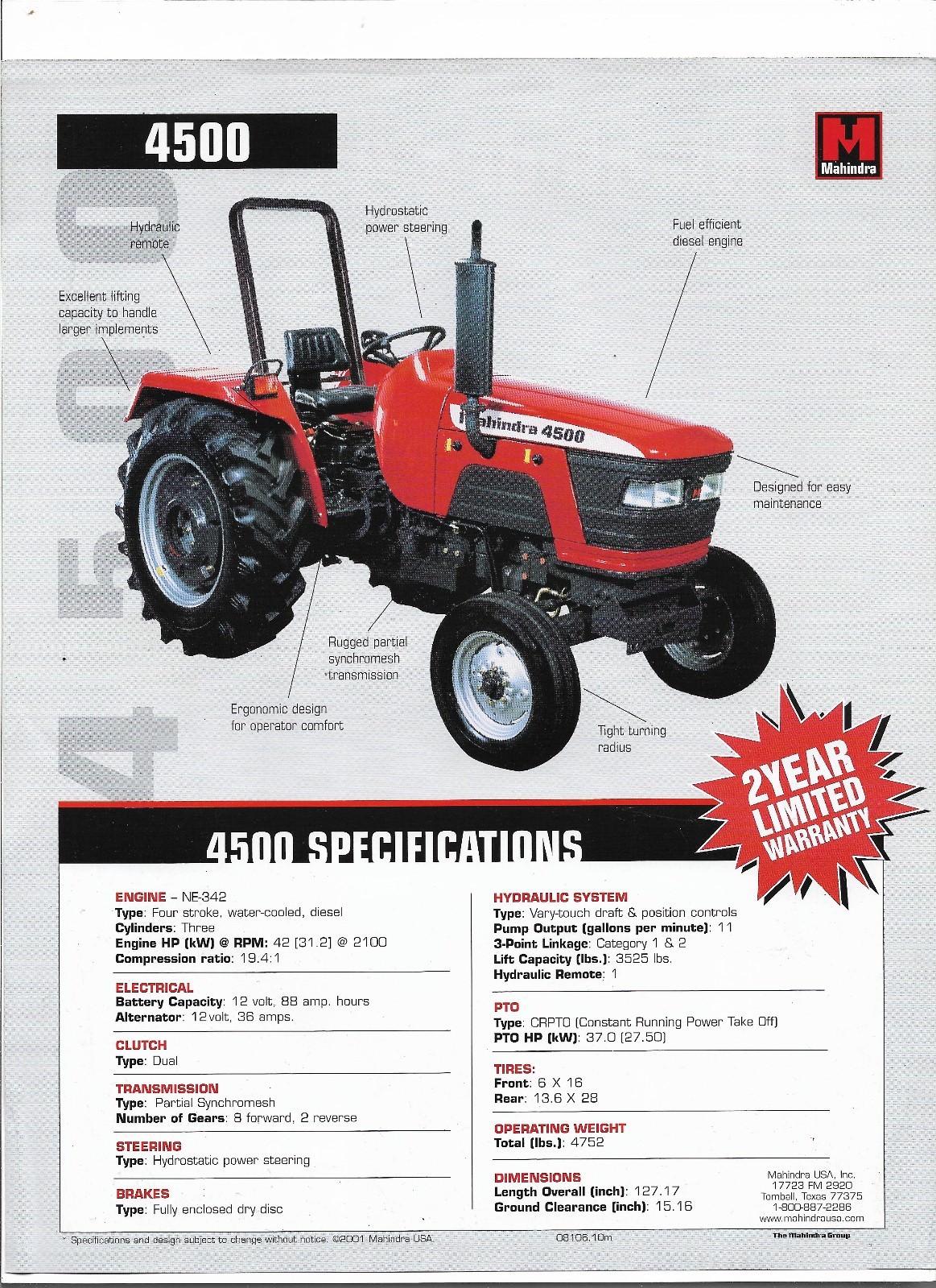 Original Mahindra 4500 Tractor Dealer Sales Brochure Spec Specifications Sheet