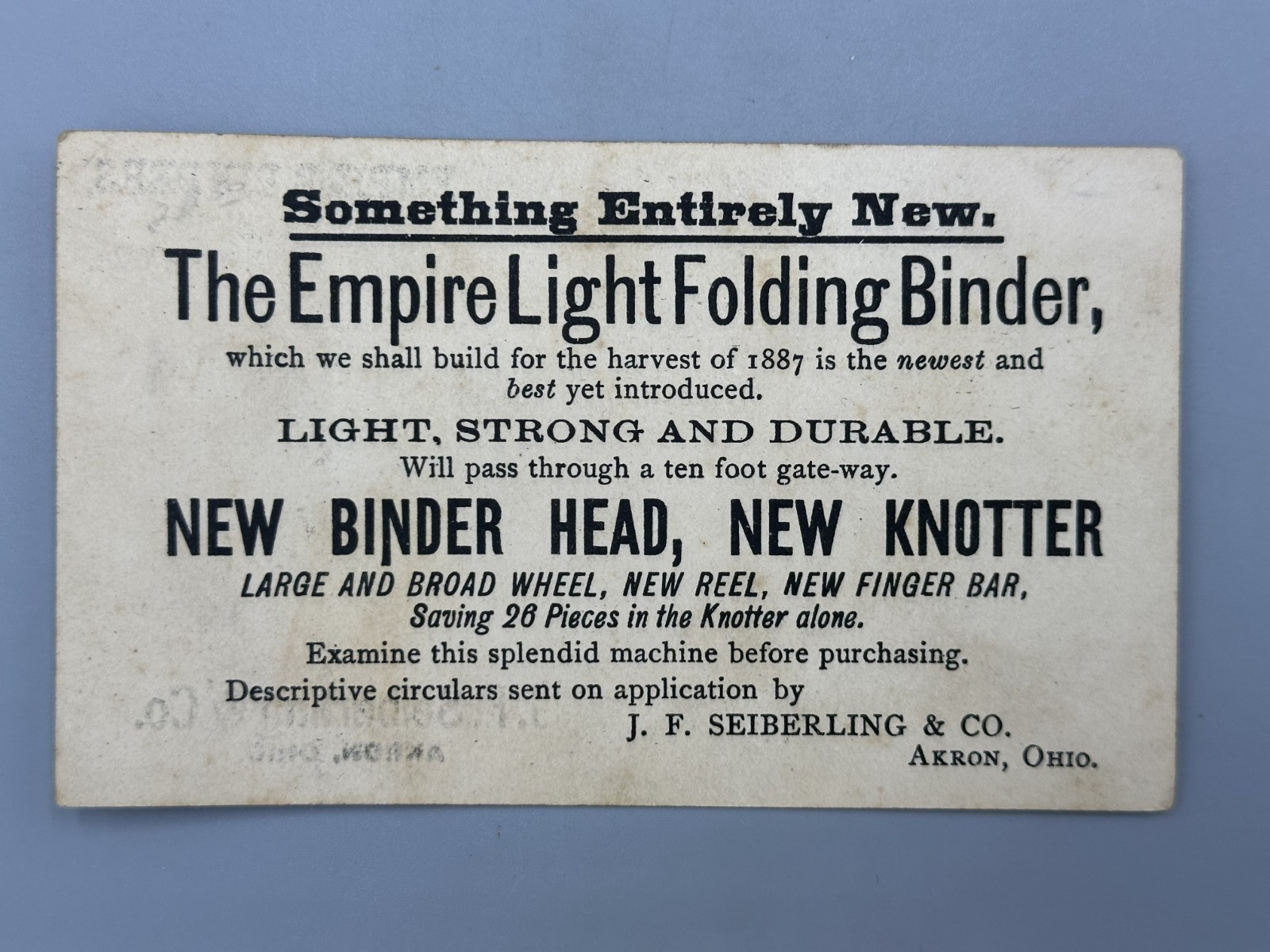 1880s EMPIRE MOWERS Victorian FARM Advertising Trade Card AKRON OHIO