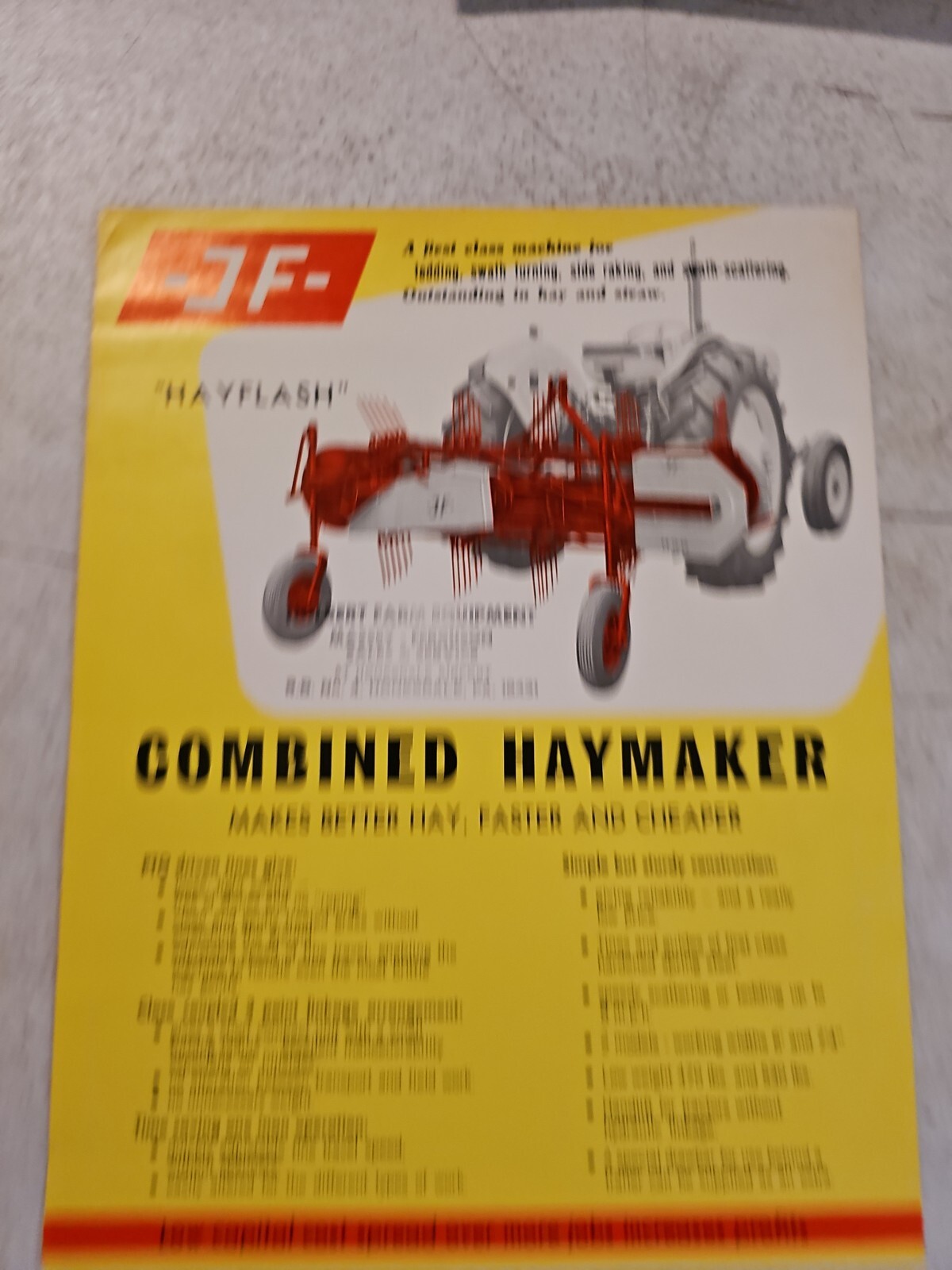 VINTAGE JF COMBINED HAYMAKER SALES BROCHURE FLYER Farm ADVERTISING