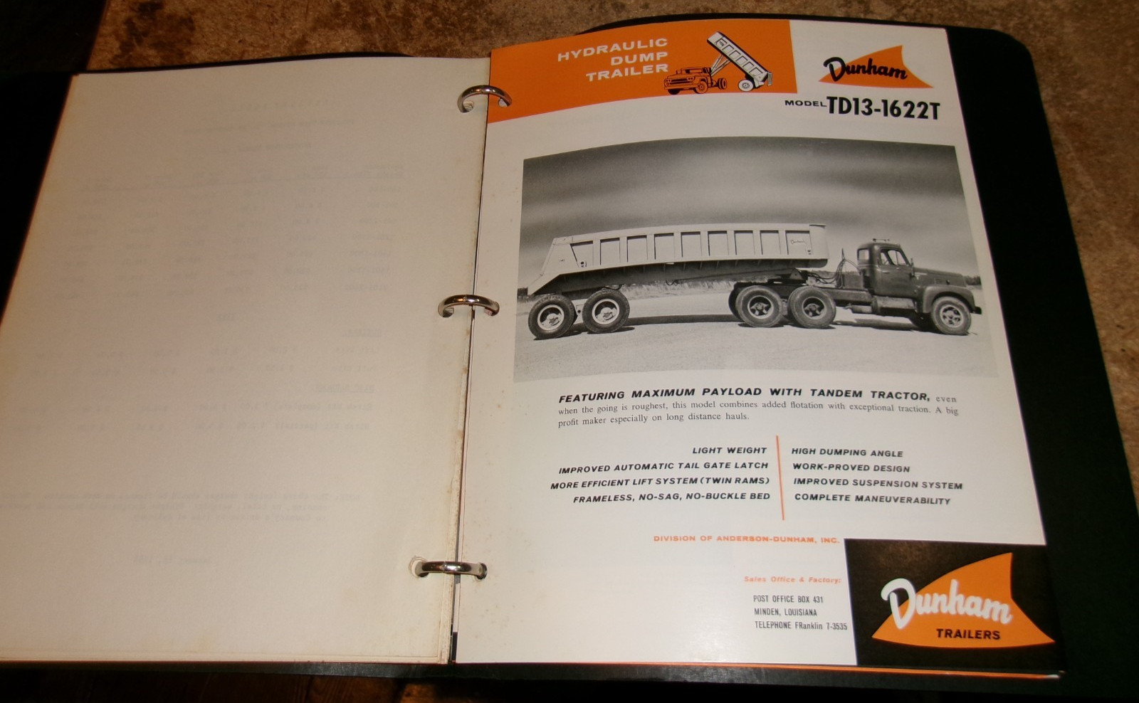 1965 dunham binder with farm equip. + truck bodies price lists + brochures used