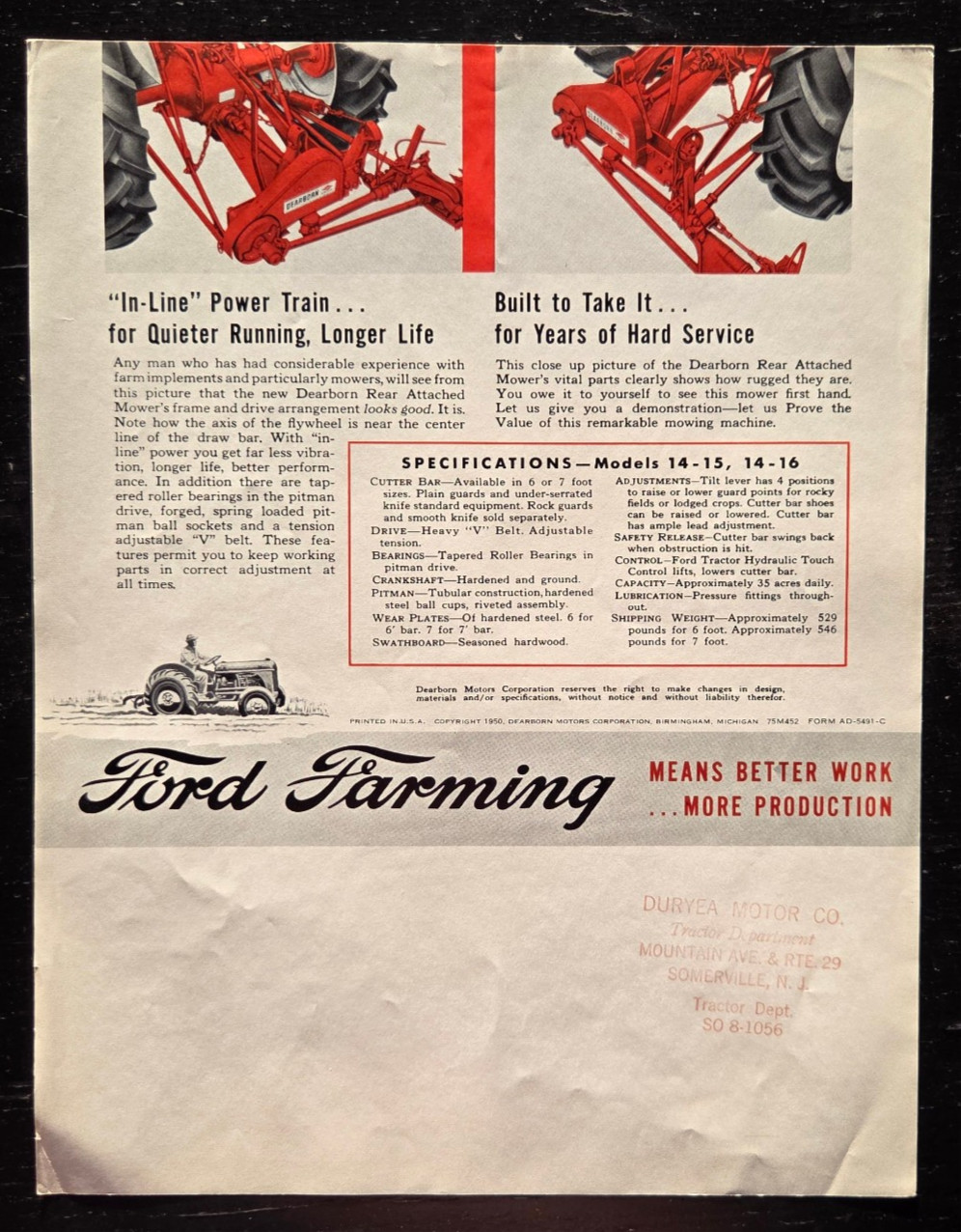 1950 FORD TRACTOR DEARBORN FARM EQUIPMENT LIFT TYPE REAR MOWER SALES SPEC SHEET