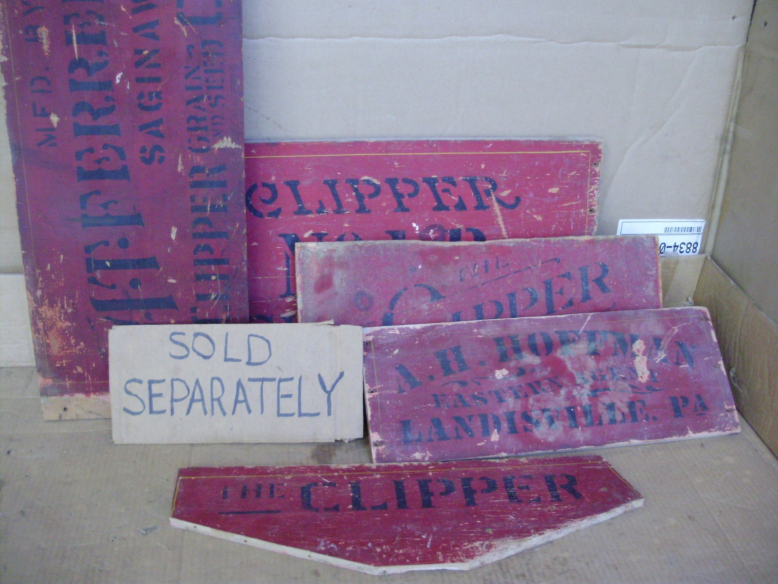 A.T. Ferrell Clipper Saginaw, A.H. Hoffman Landisville, Antique Wood Sign