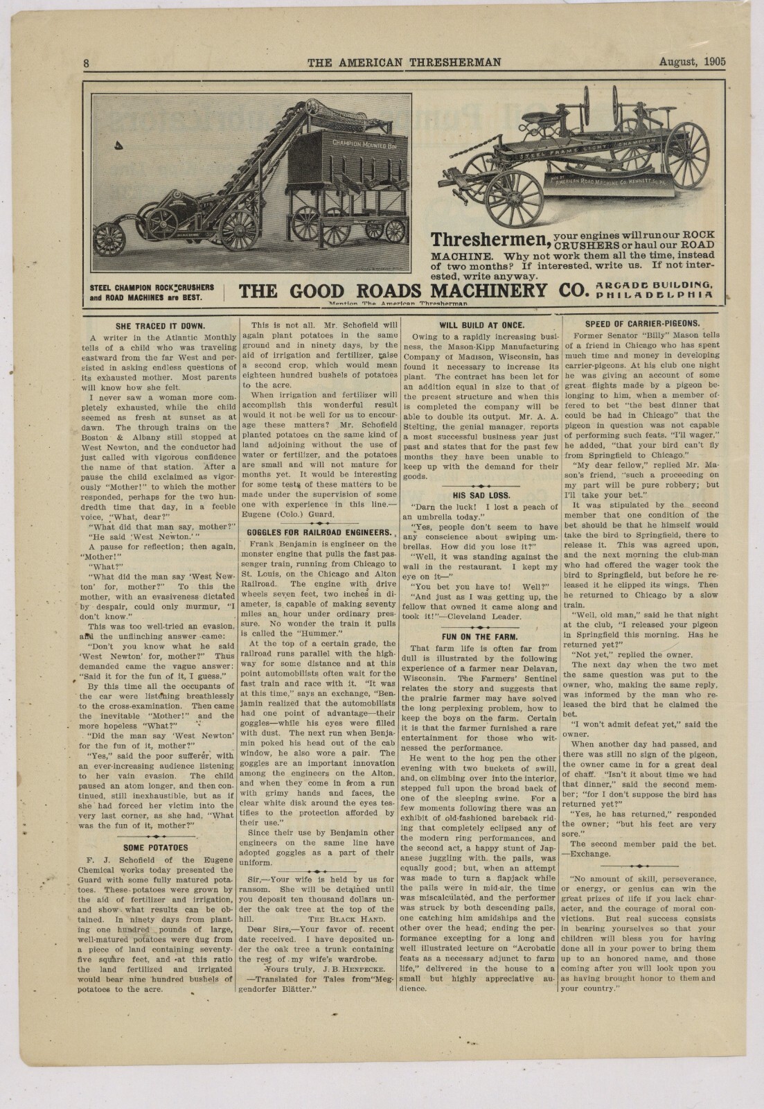1905 Good Roads Machinery Co. Ad: Champion Mounted Bin, Rock Crusher – Phil.