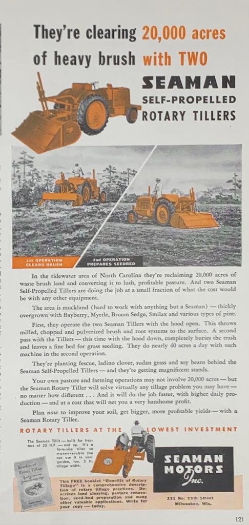 Magazine Ad* – 1953 – Seaman Motors Inc., Milwaukee, WI – Rotary Tiller