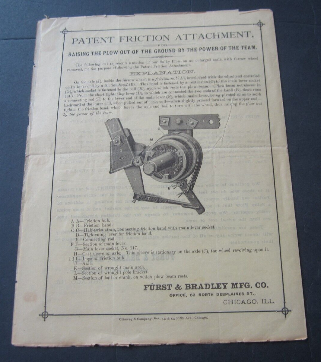 1879 FURST & BRADLEY Wrought Frame Sulky Plow Agricultural Advertising Brochure