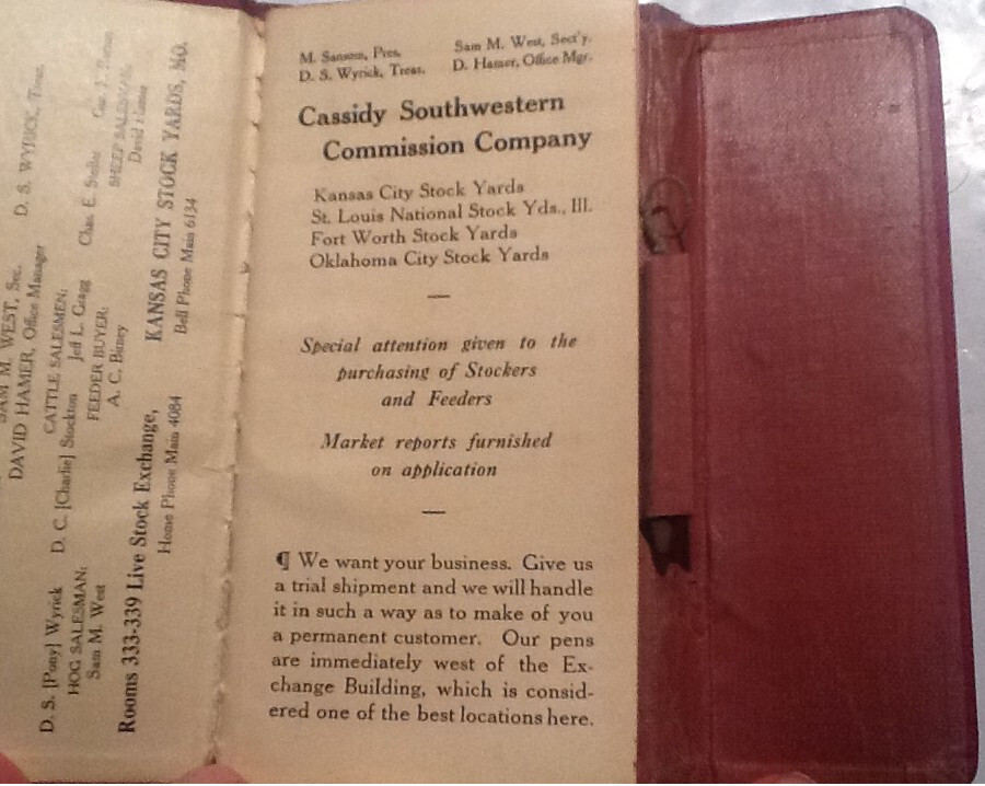 Antique Pocket Cassidy Southwestern Commission Co KC Mo Livestock Buyer Notebook