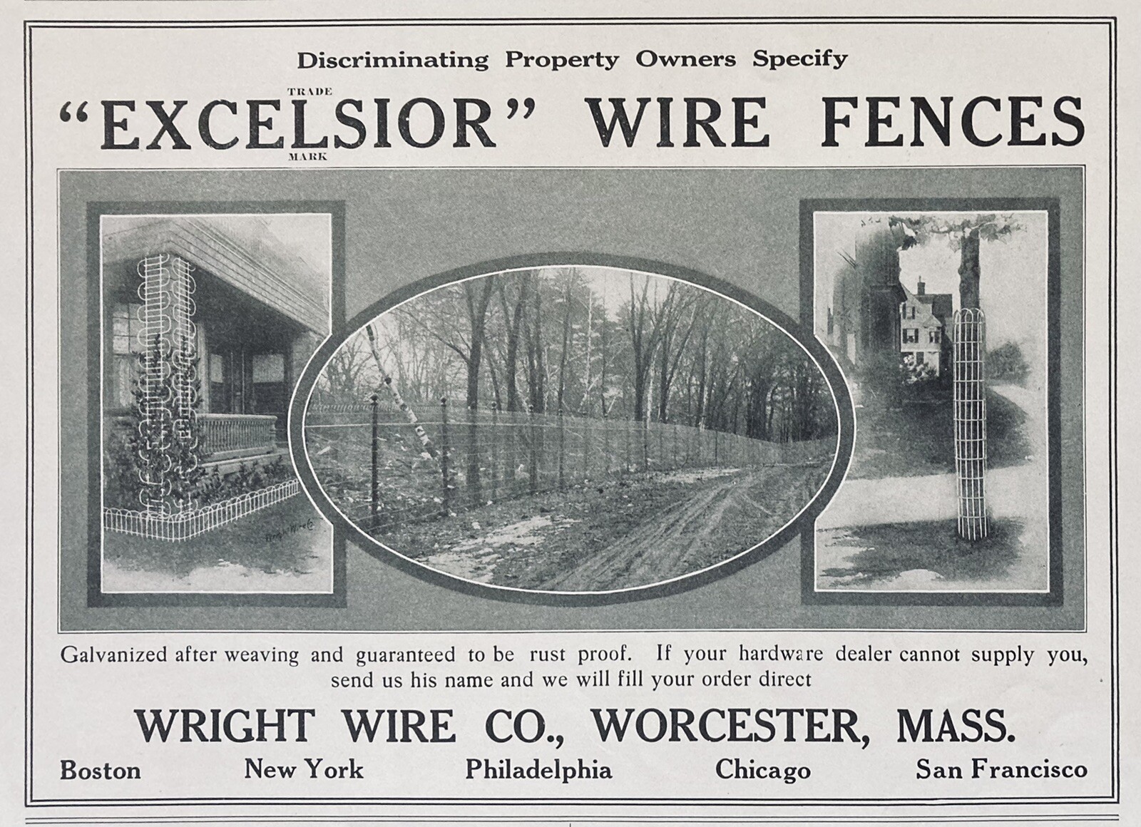 1910 AD.(XH46)~WRIGHT WIRE CO. WORCESTER, MASS. “EXCELSIOR” WIRE FENCES