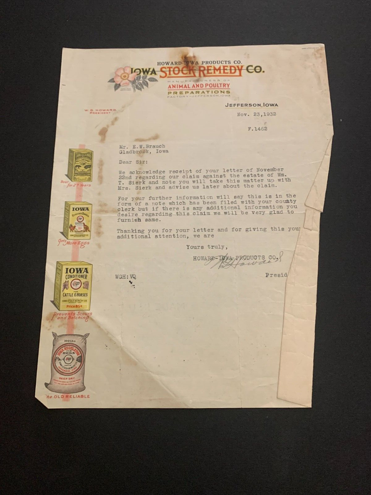 1932 Iowa Stock Remedy Company Letterhead Jefferson Iowa