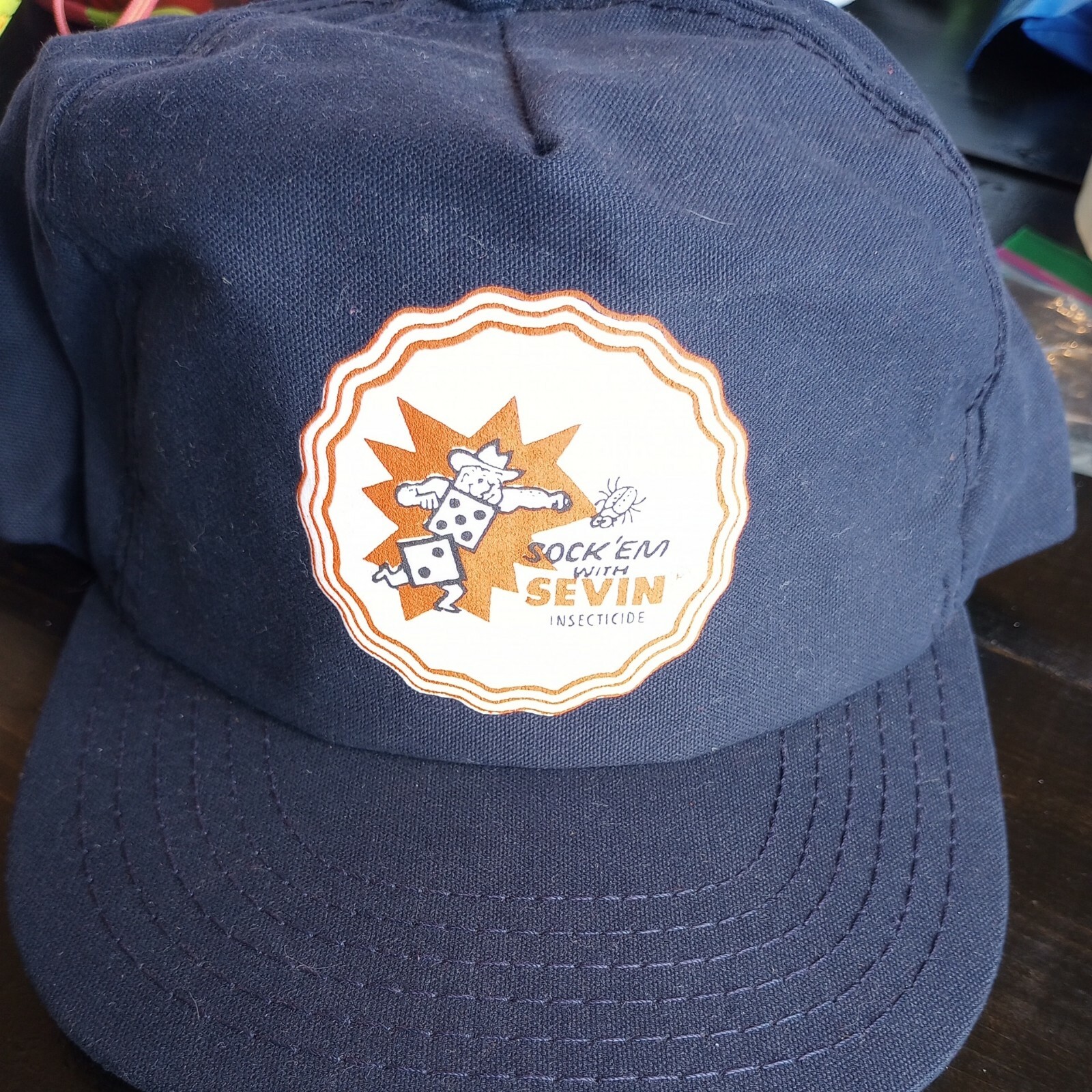 RARE Vintage Sevin Advertisement BALL CAP . Blue , leather adjustable strap.