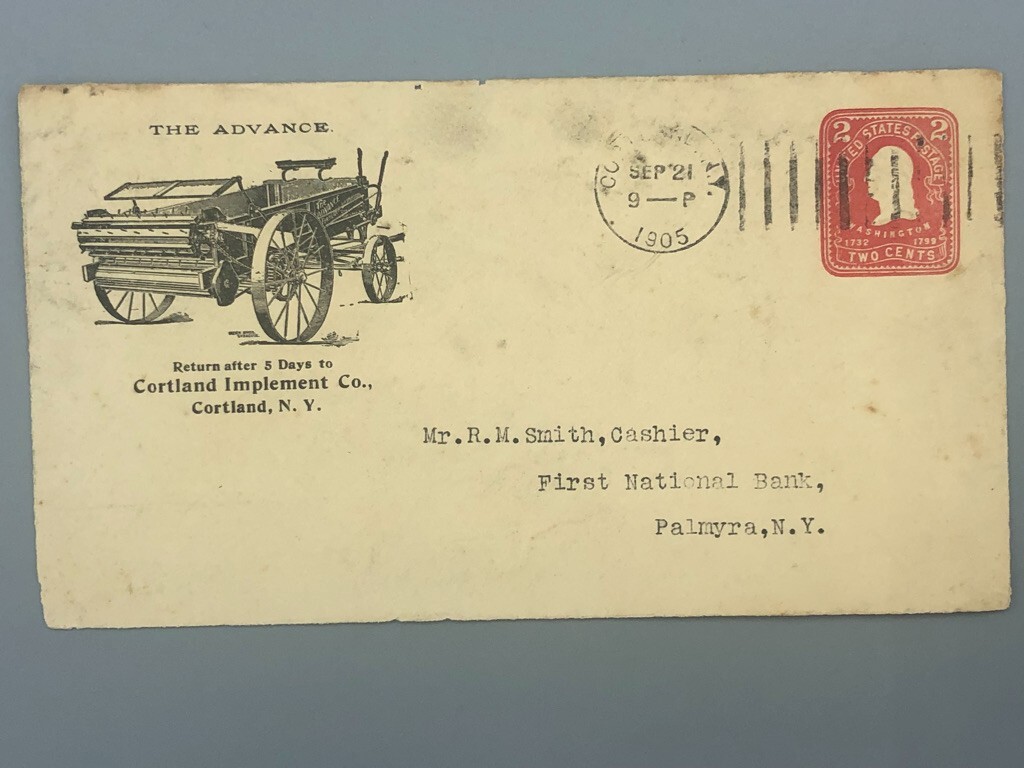 1905 CORTLAND NY Illustrated Postal Cover FACE ONLY Advertise Farm ADVANCE