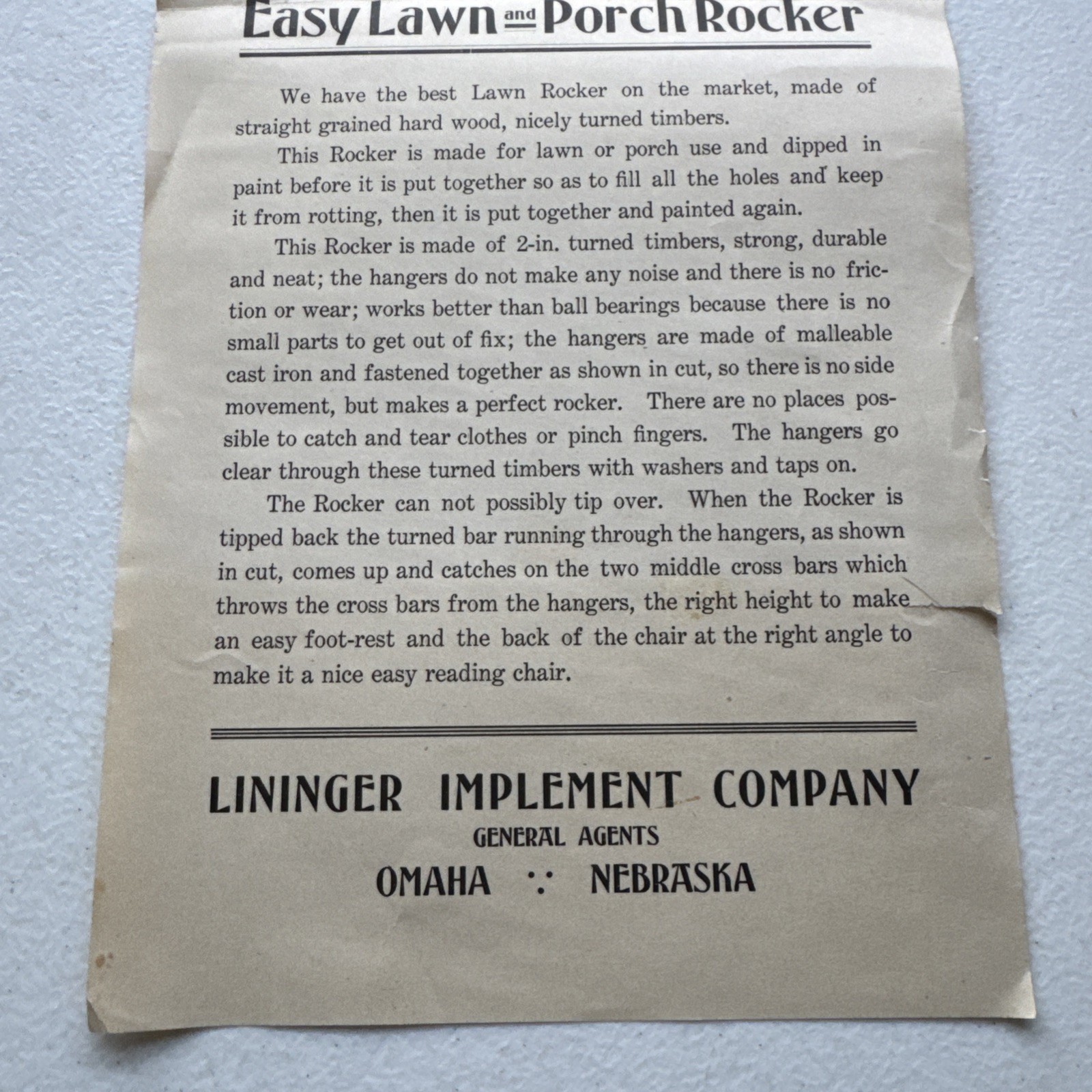 Lininger Implement Company Omaha, NE Easy Lawn And Porch Rocker Advertisement