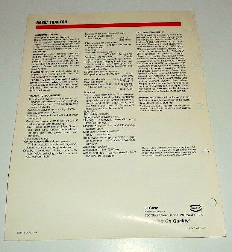 Case IH 2394 Tractor Specifications Sales Brochure Literature AD-60075A specs
