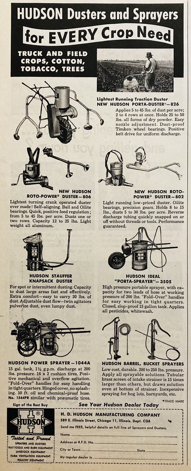 1950 AD.(XH74)~H.D. HUDSON MFG. CO. CHICAGO. HUDSON DUSTERS AND SPRAYERS