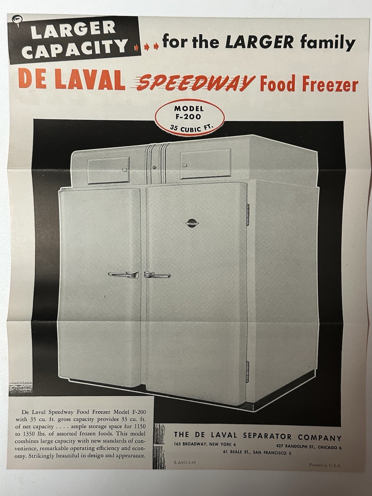 1949 De Laval Speedway Food Freezer pamphlet (22A)