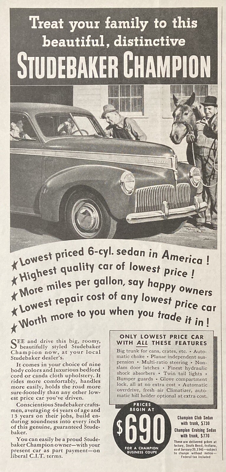 1941 AD.(XG19)~STUDEBAKER CO. SOUTH BEND, IND. STUDEBAKER CHAMPION SEDAN