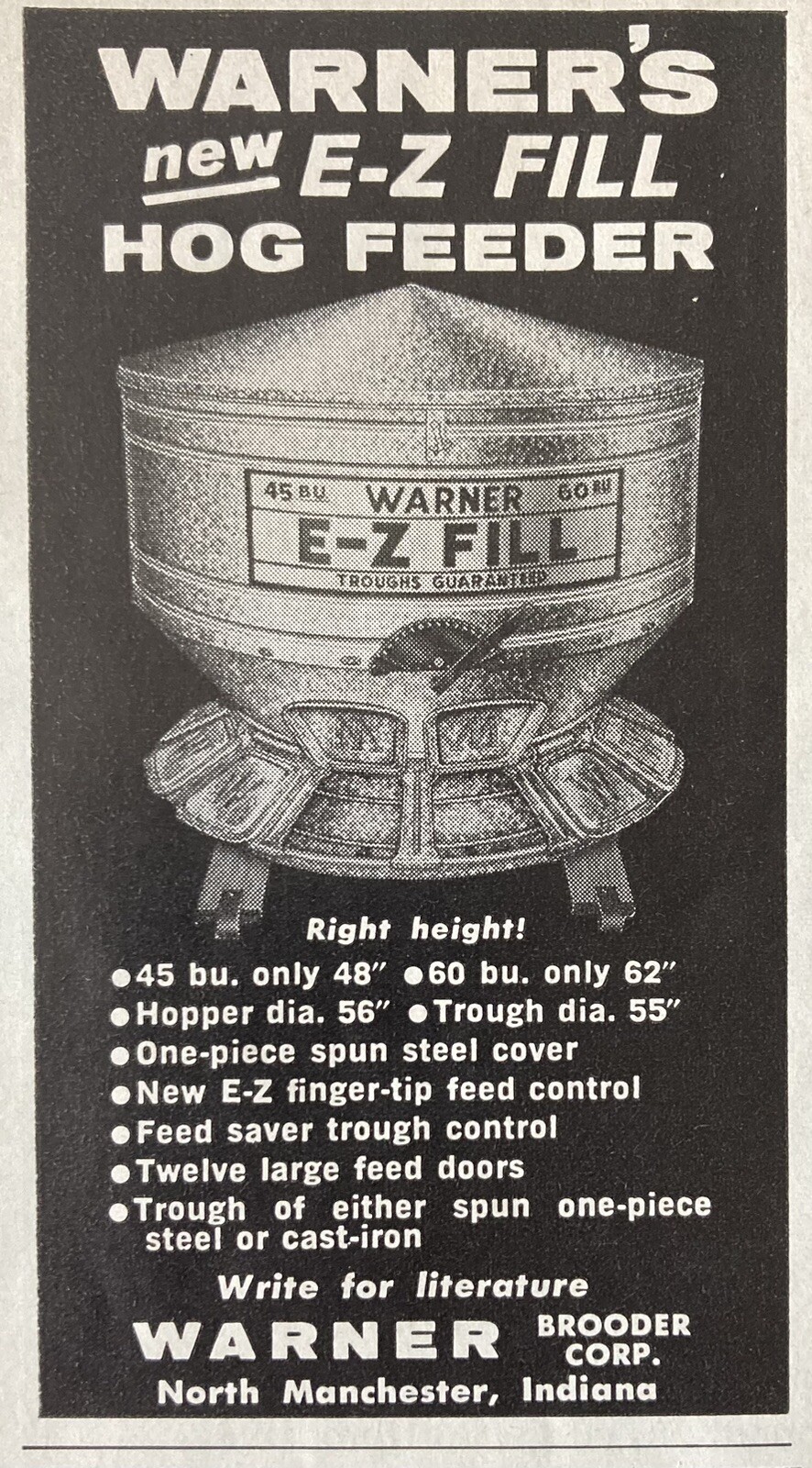 1964 AD.(XH66)~WARNER BROODER CO. N. MANCHESTER, IND. E-FILL HOG FEEDER