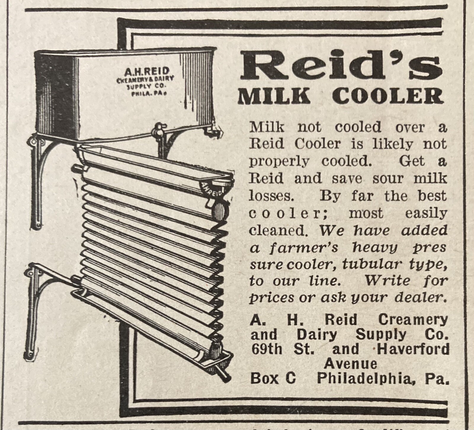 1923 AD.(XH22)~A.H. REID CO. PHIL., PA. REID’S MILK COOLER