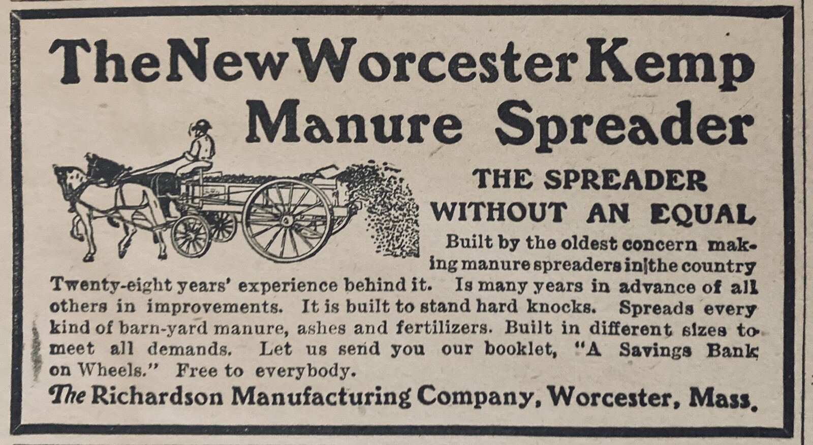 1906 AD.(XH56)~RICHARDSON MFG. CO. WORC., MASS. NEW WORCESTER KEMP SPREADERS