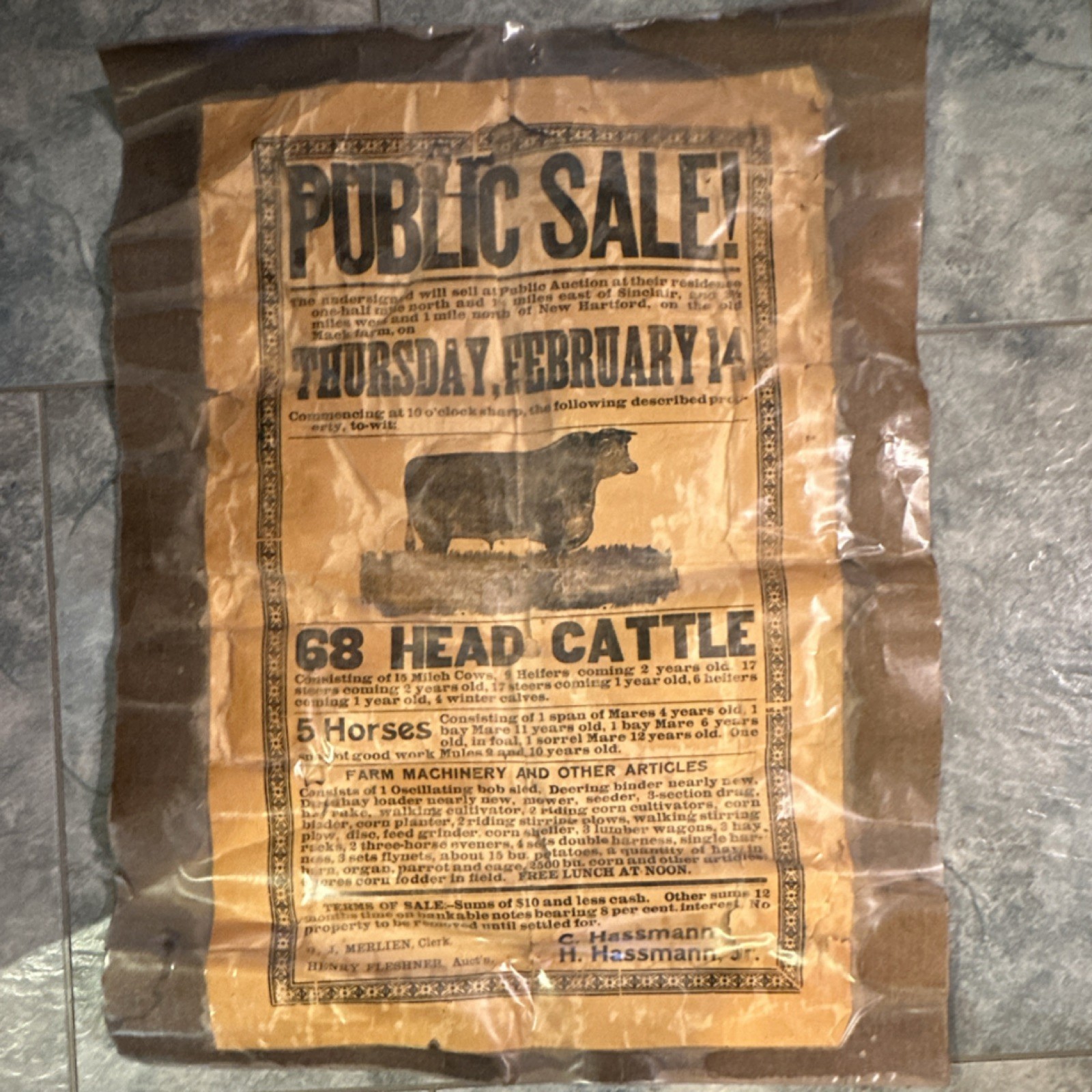 H. Hassmann Public Sale Cattle Auction Agriculture Advertising paper Sign