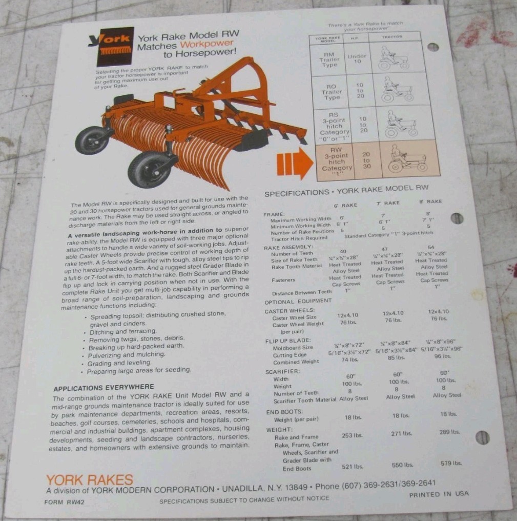 York Rake Model RW Sales Flyer – RW42