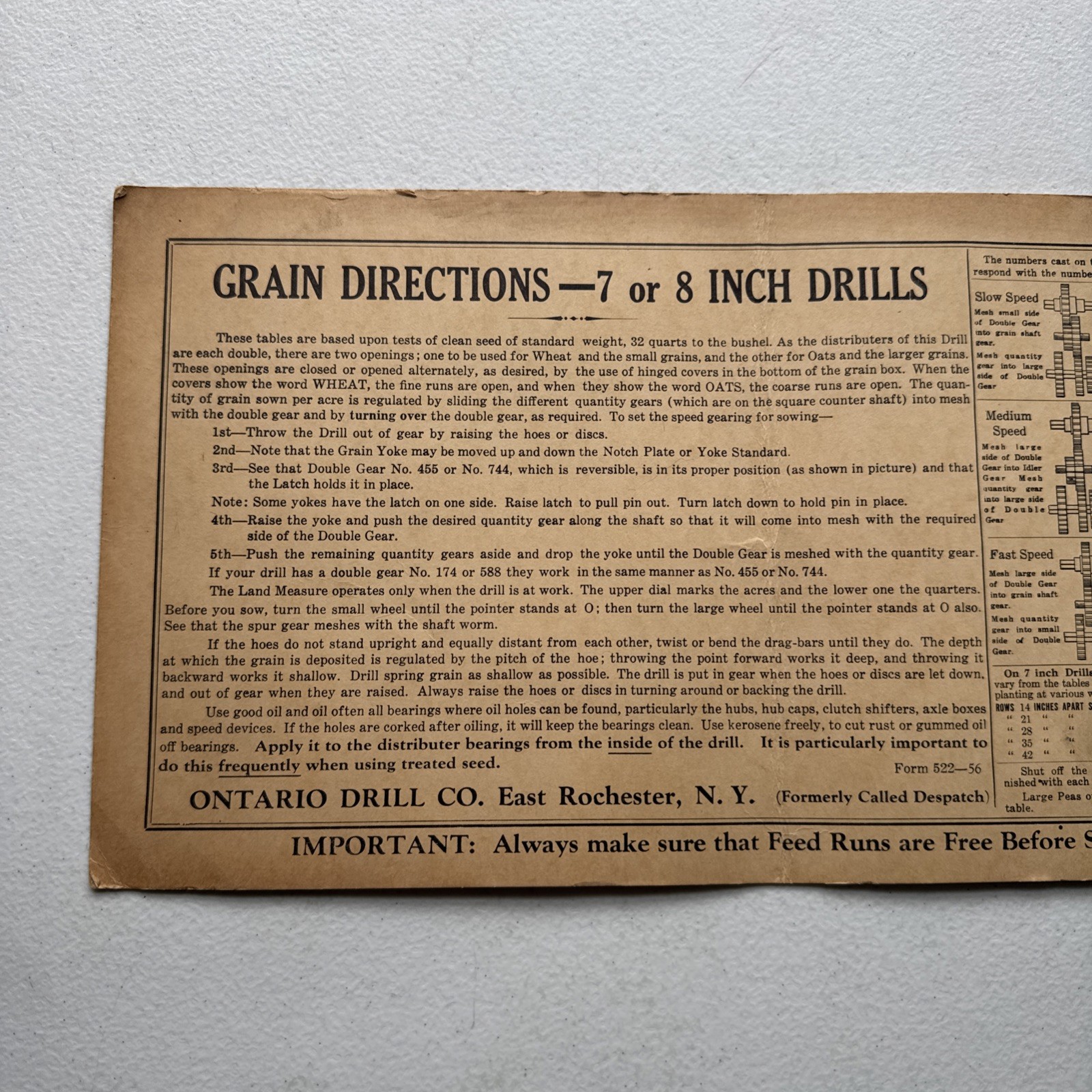 Ontario Drill Co. East Rochester, NY Application Chart 7-8 Inch Drills